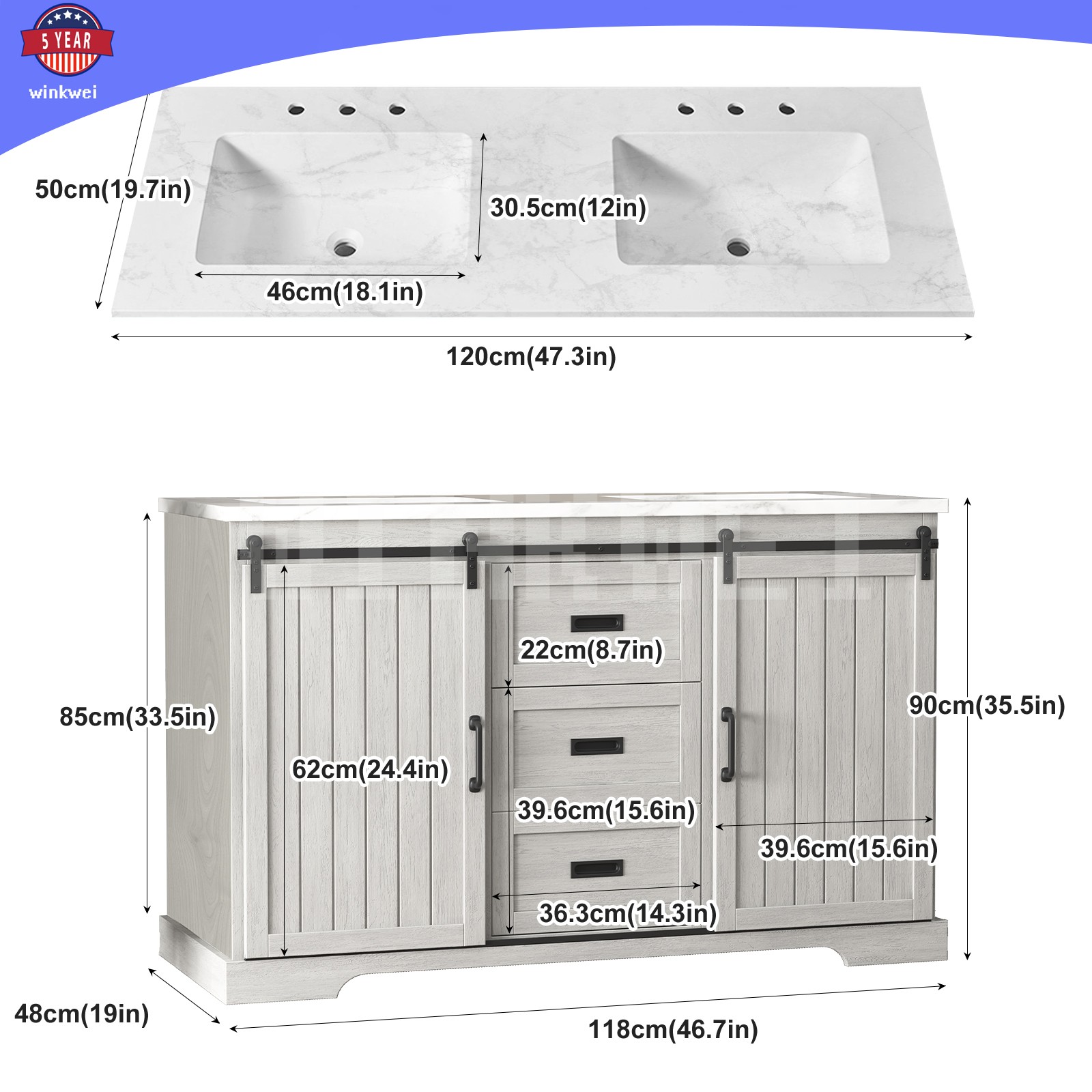 Bathroom Vanity Cabinet w/47.3″ Bathroom Sink ,2 Sliding Doors , 2 Drawers NEW