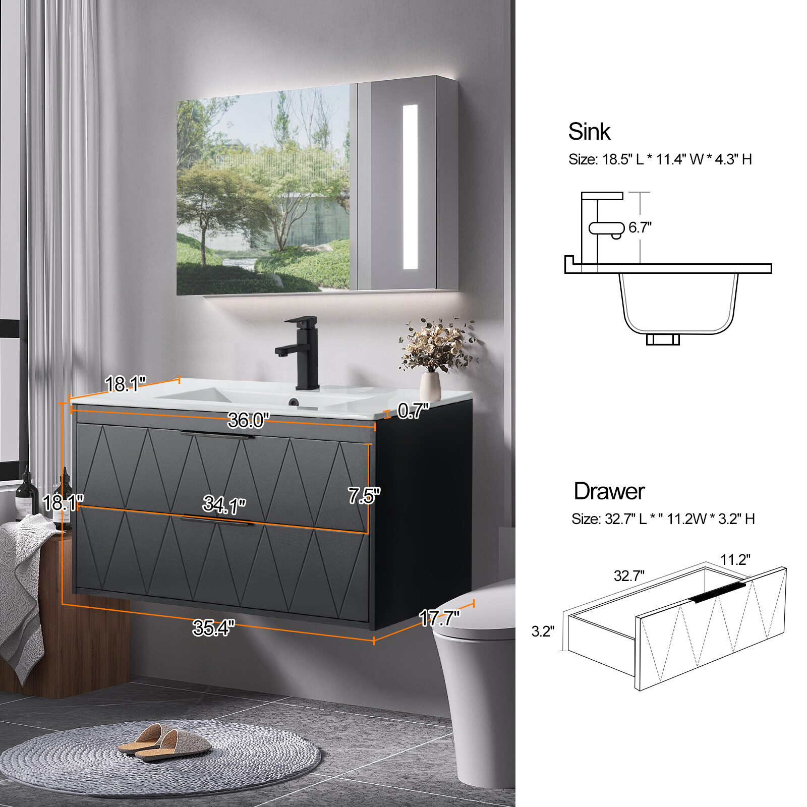 Bathroom Vanity Wall Mounted Cabinet with Ceramic Sink Combo Faucet Drain