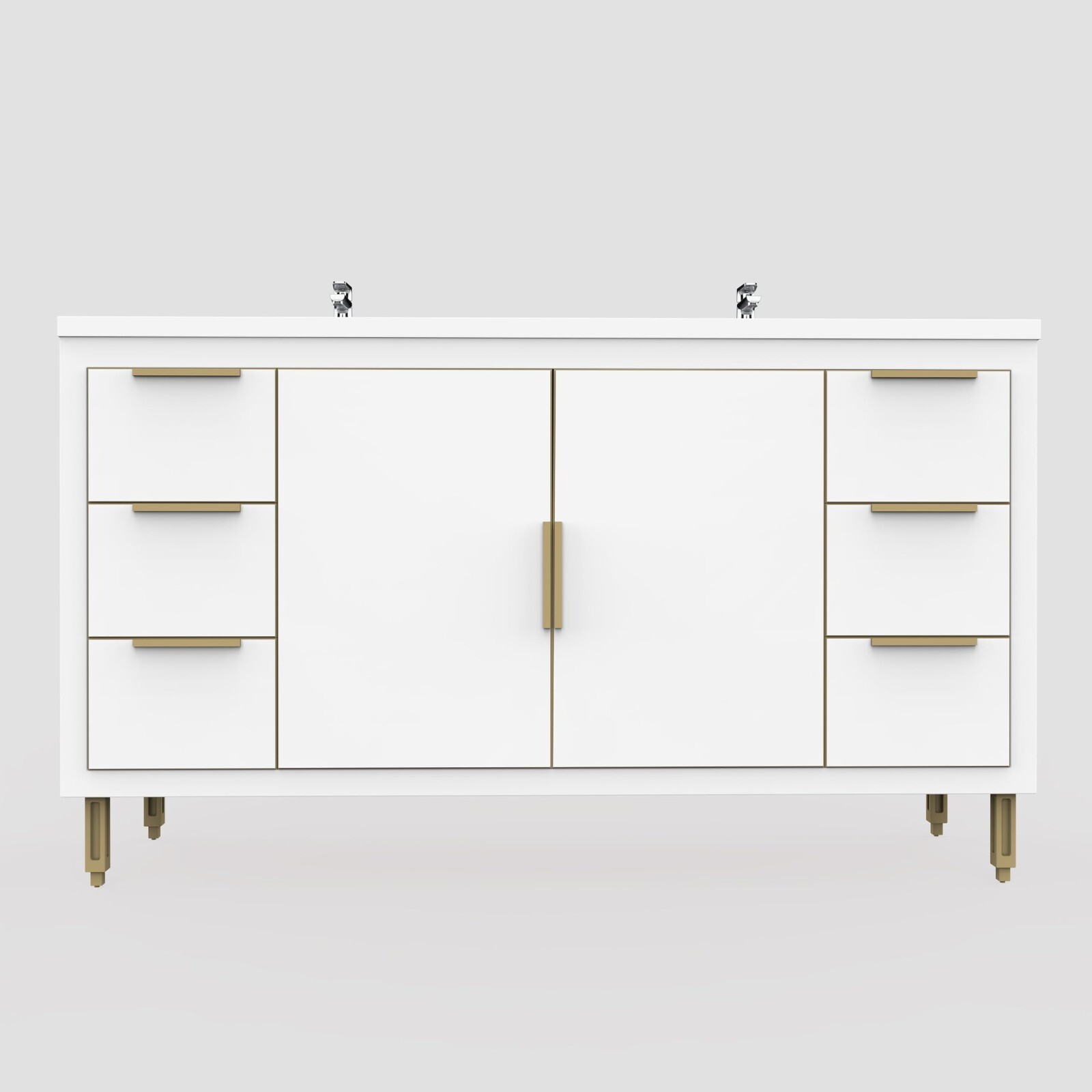 60″ Freestanding Bathroom Vanity Double Sink Storage Cabinet Soft Doors, Drawers