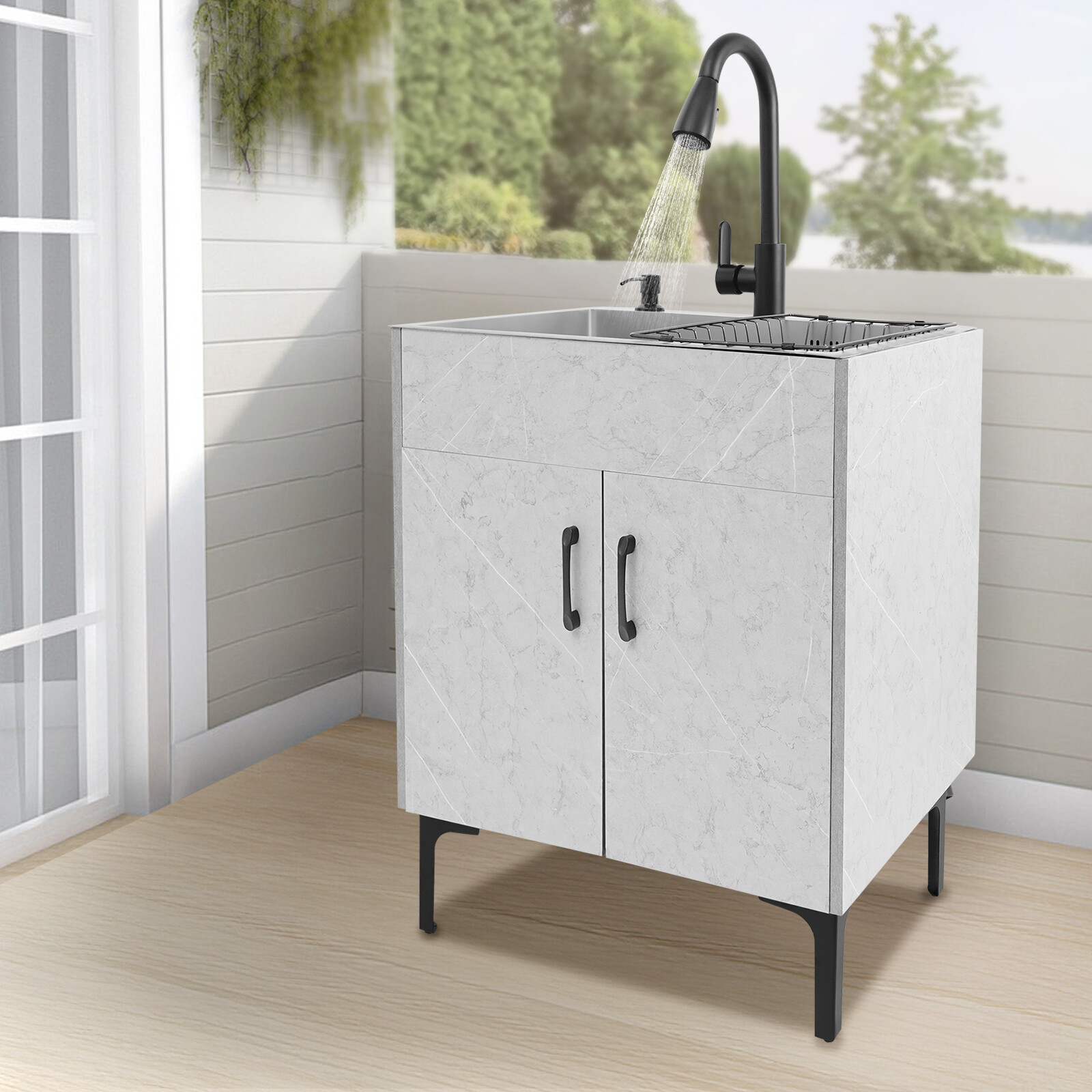 Grey Stainless Steel Sink & Freestanding Cabinet With Pull-Out Faucet