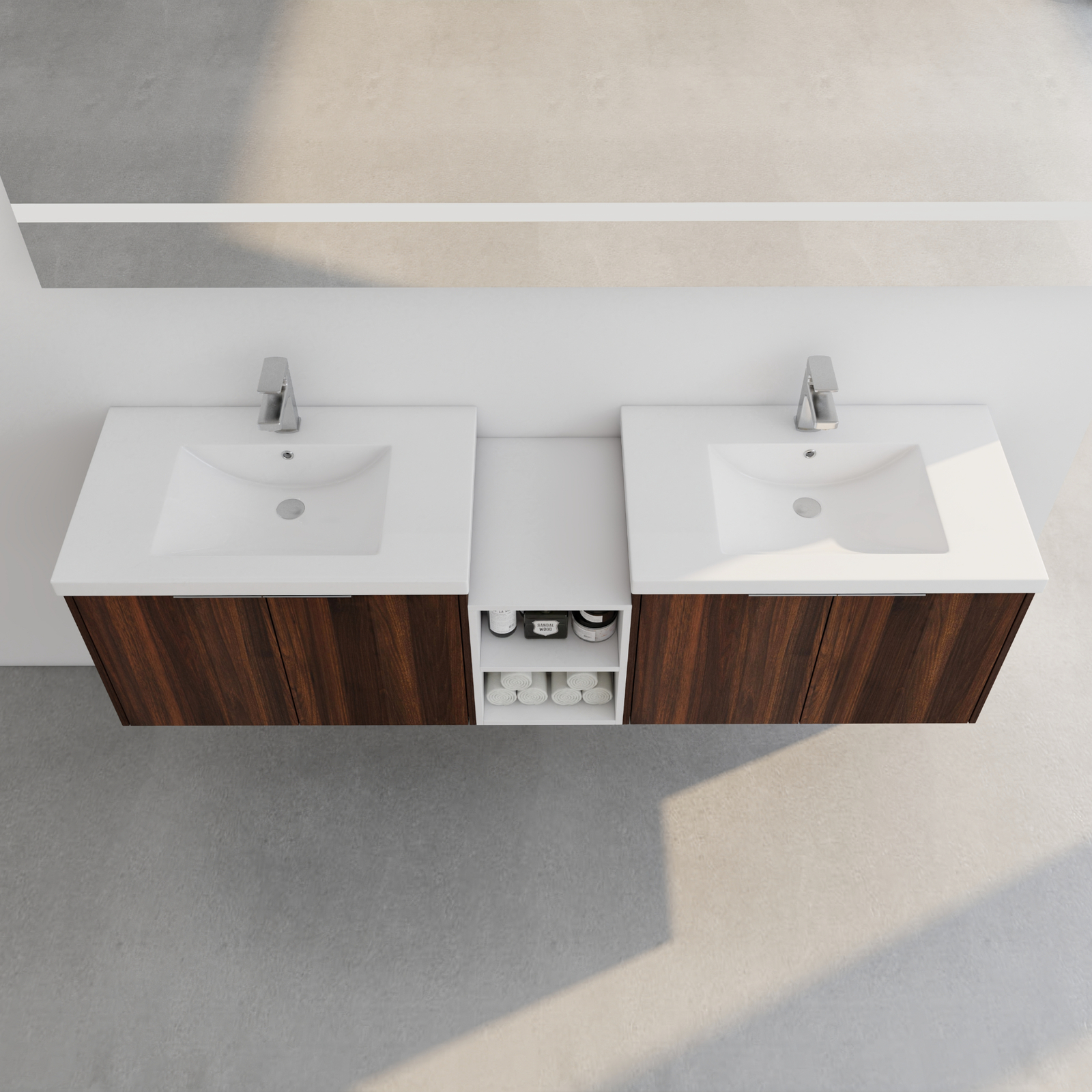 2X 30″ Bathroom Vanity Cabinet With Resin Sink +12″ Small Storage Shelves Walnut