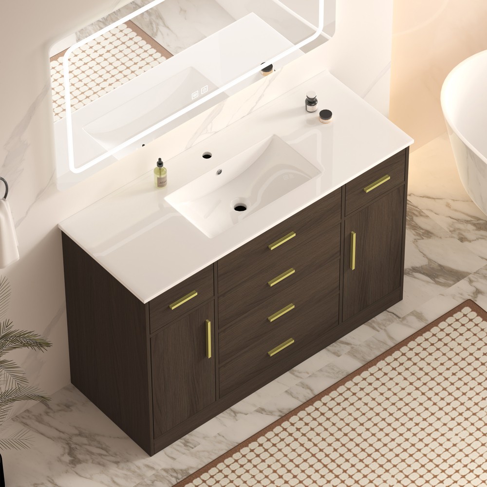 48″ Dark Brown Bathroom Vanity with Soft Close Doors and 6 Drawers