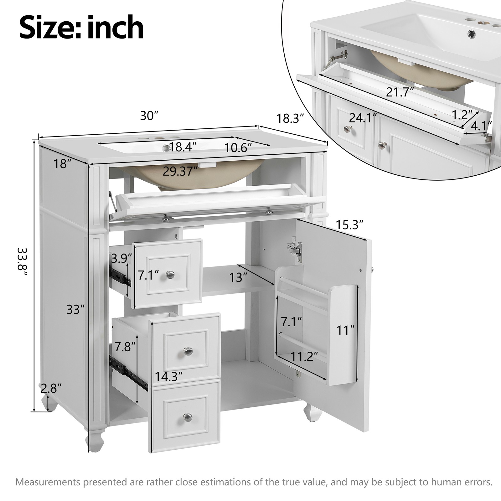 30 Inch Bathroom Vanity w/Ceramic Sink Basin, Storage Cabinet w/Soft Close Door