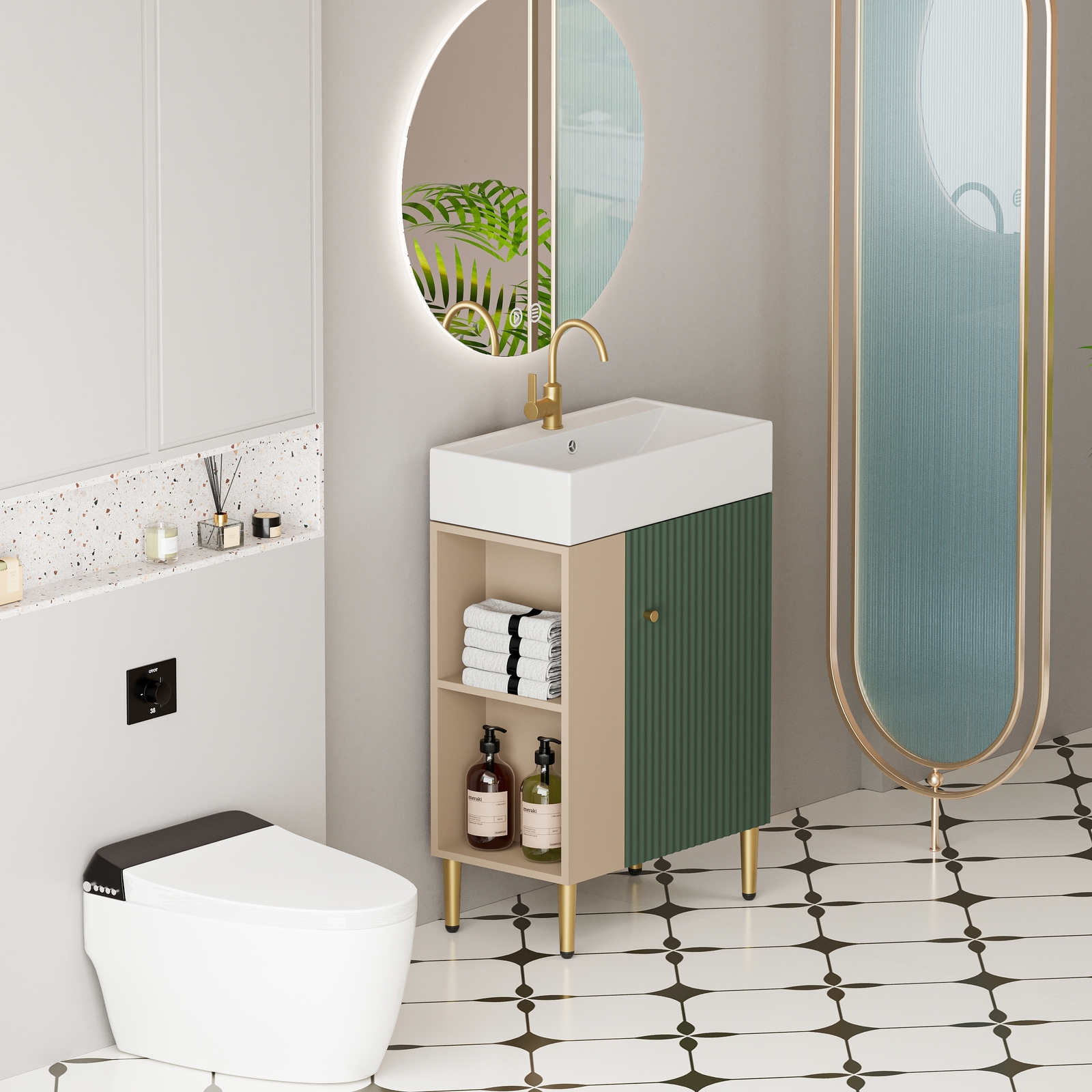 21.6″Modern Bathroom Vanity with Ceramic Sink Storage Cabinet W/ Door Open Shelf