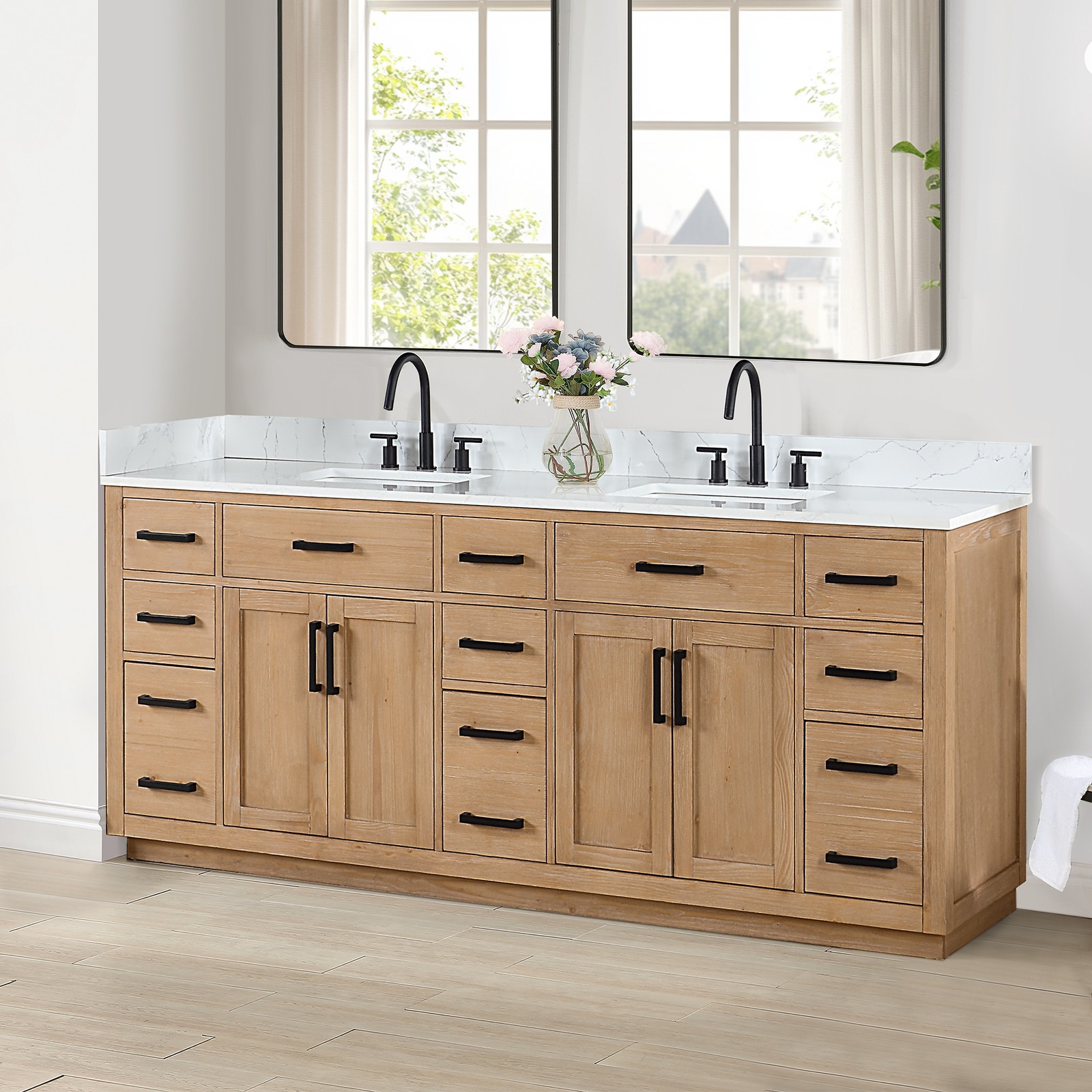 Gavino 84″ Wood Vanity in Light Brown with Composite Stone Top no Mirror