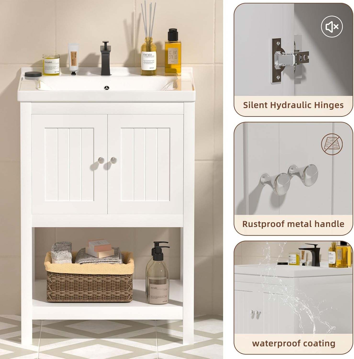 24 Inch Bathroom Vanity with Sink, Bathroom Sink Cabinet with 2 Doors and 1 Open