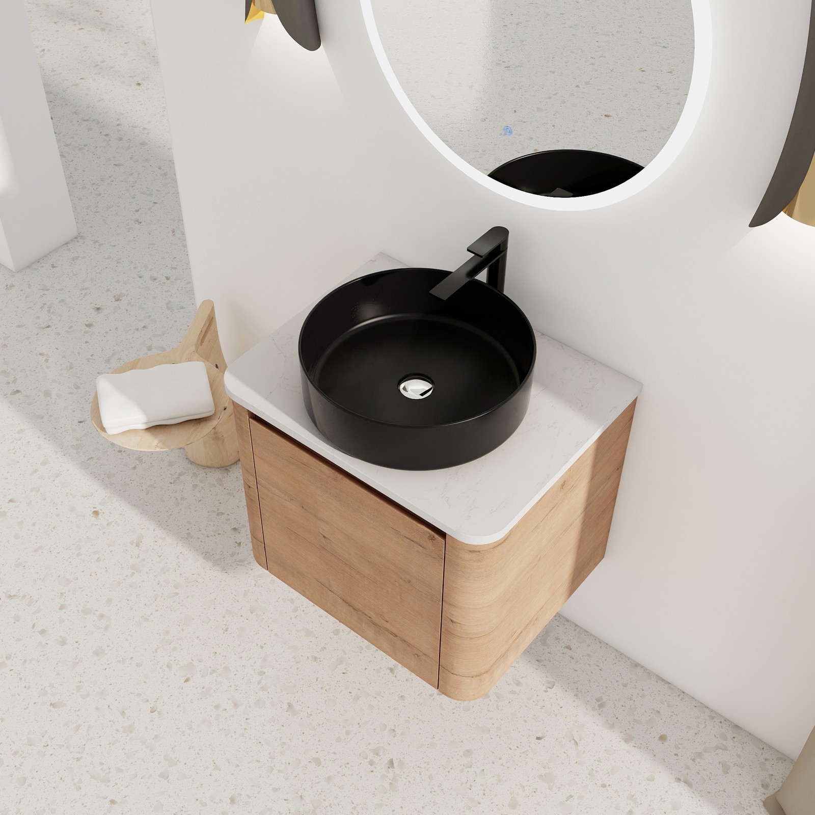 24 In Bathroom Vanity With White Flat Stone Slab Top Black Ceramic Vessel Sink