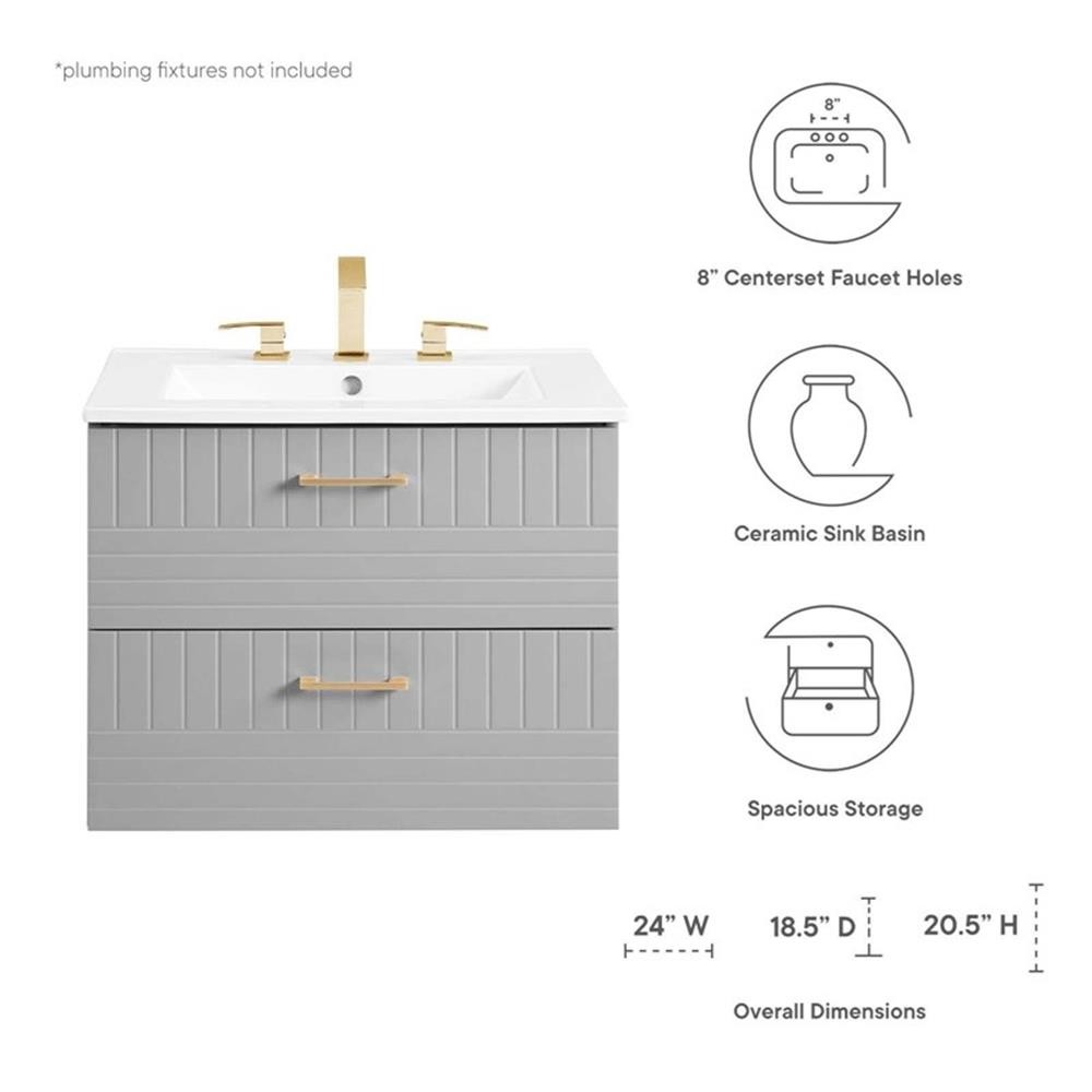 Pemberly Row 24″ Modern Wood/Ceramic Bathroom Vanity in Light Gray/White