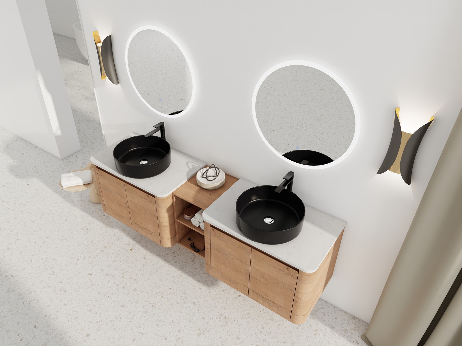 72″ Plywood Wall-Mounted Bathroom Vanity W/ Double Ceramic Black Sink + Shelves