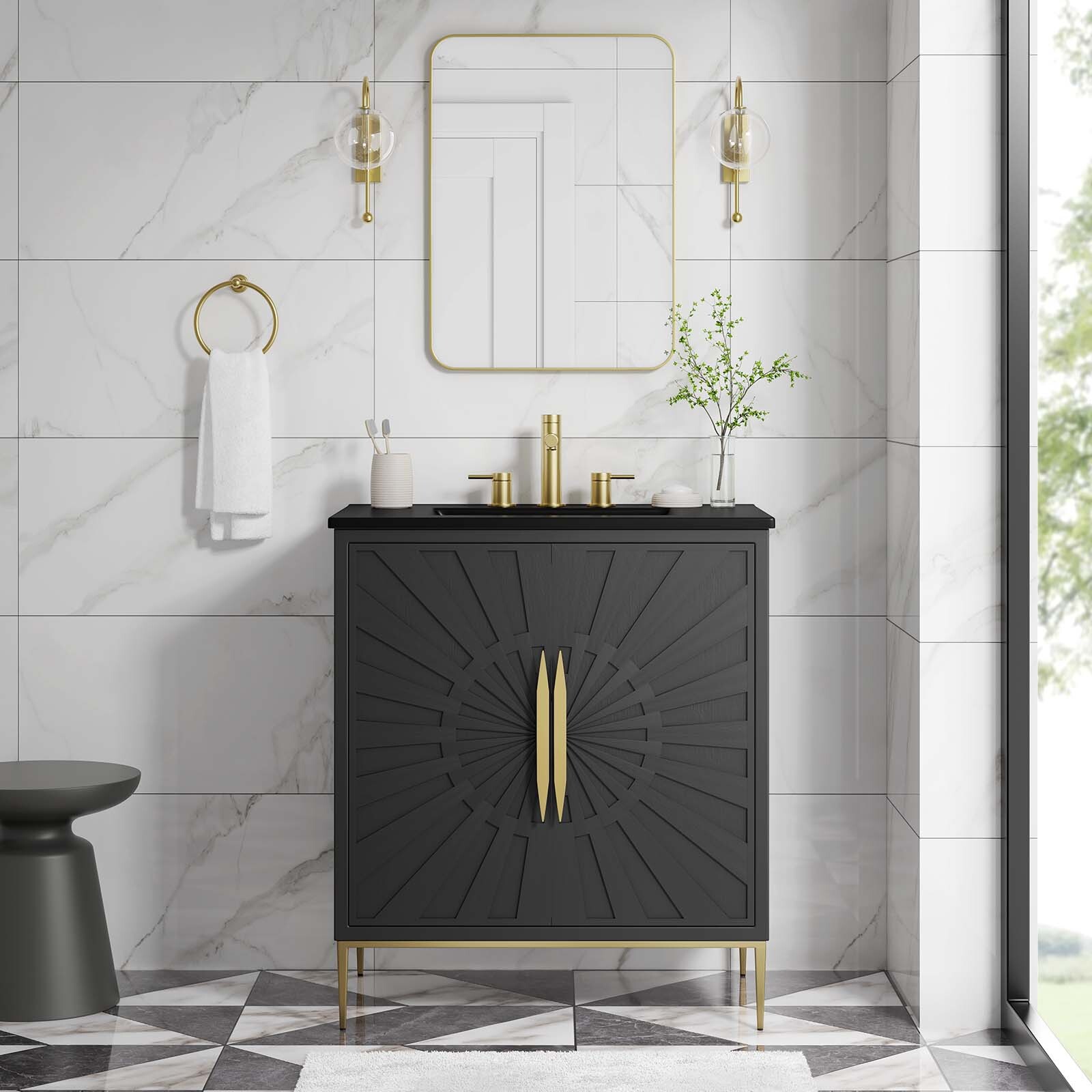 Modway Awaken 30″ Bathroom Vanity Cabinet in Black Black With Ceramic Sink Basin