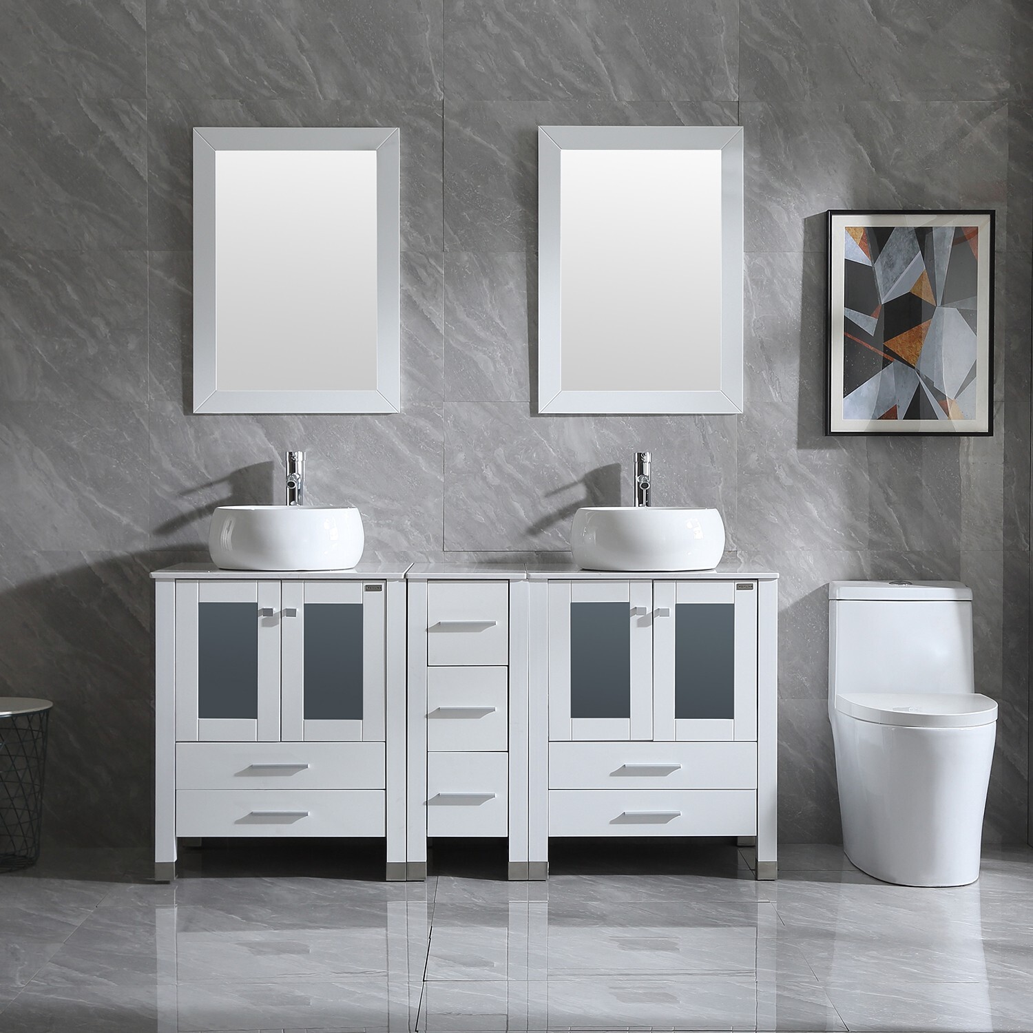 60″ Double Bathroom Vanity White Cabinet Glass Vessel Sink Bowl Mirror w/Faucet
