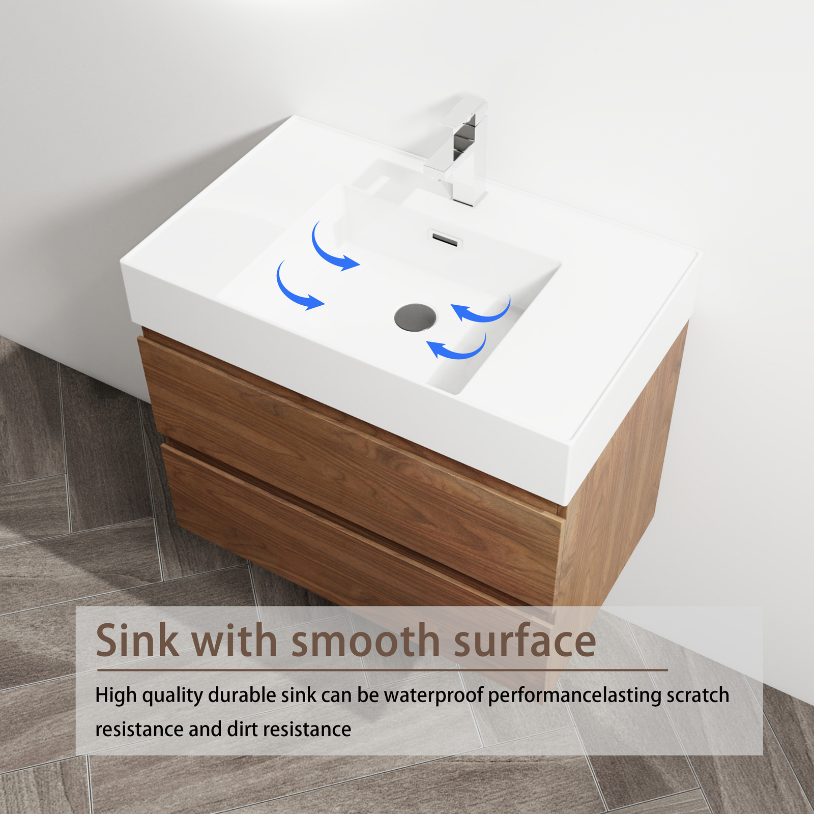 30″ Wall-Mounted Bathroom Vanity Cabinet W/Resin Sink 2-Soft Close Drawers Brown