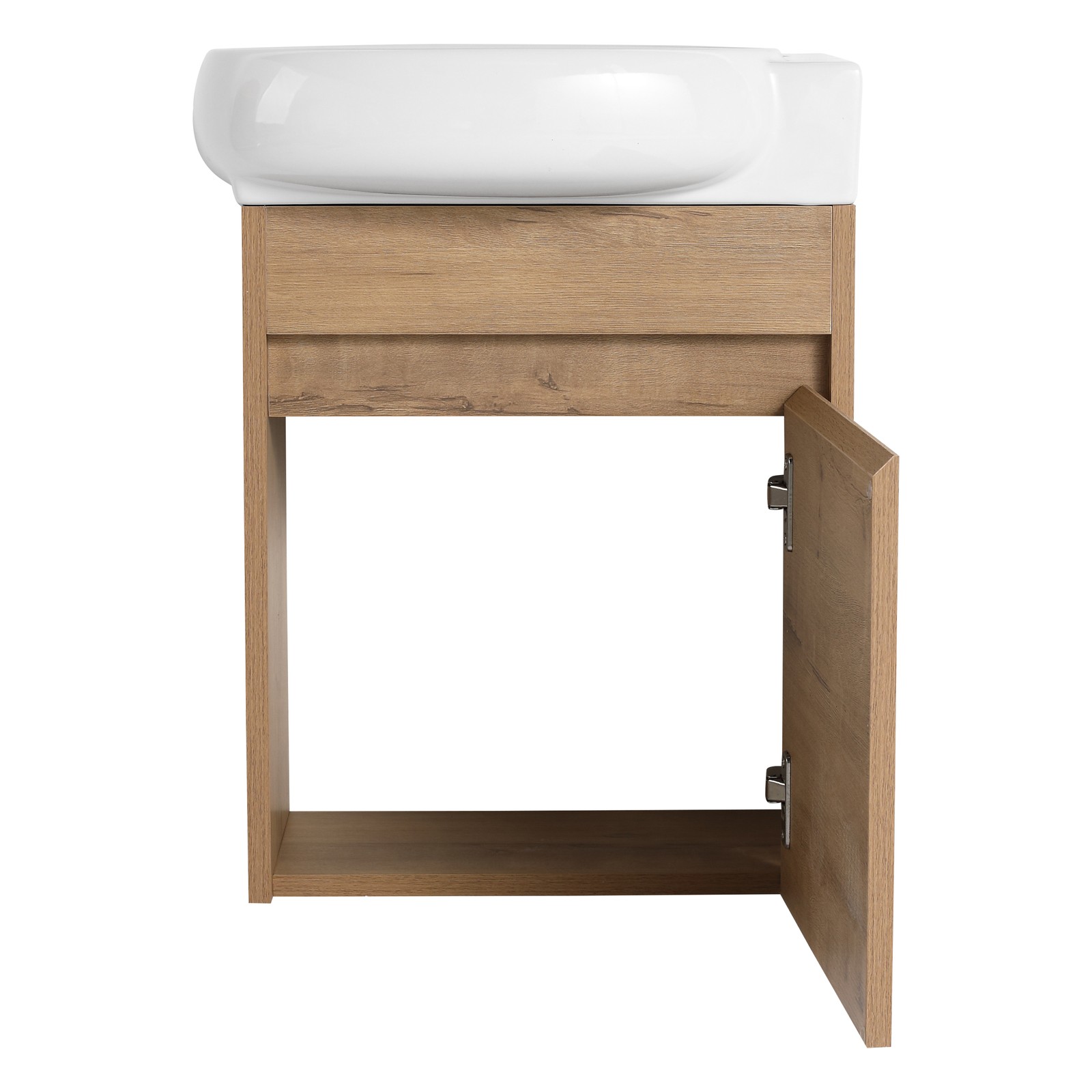 16Inch Wall Mounted Bathroom Vanity With Ceramic Sink Basin W/ Storage Rack Oak