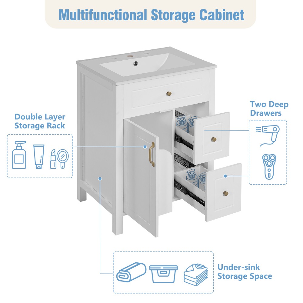 Bathroom Vanity W Ceramic Sink 1 Soft Close Door 2 Soft Close Drawers