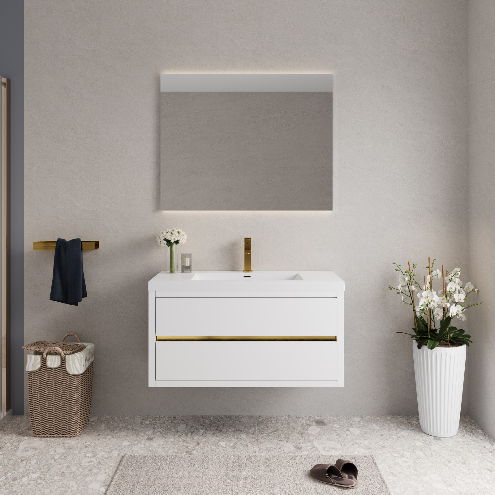 42in Floating Wall-Mounted Bathroom Vanity W/ Stone Resin Countertop Basin White