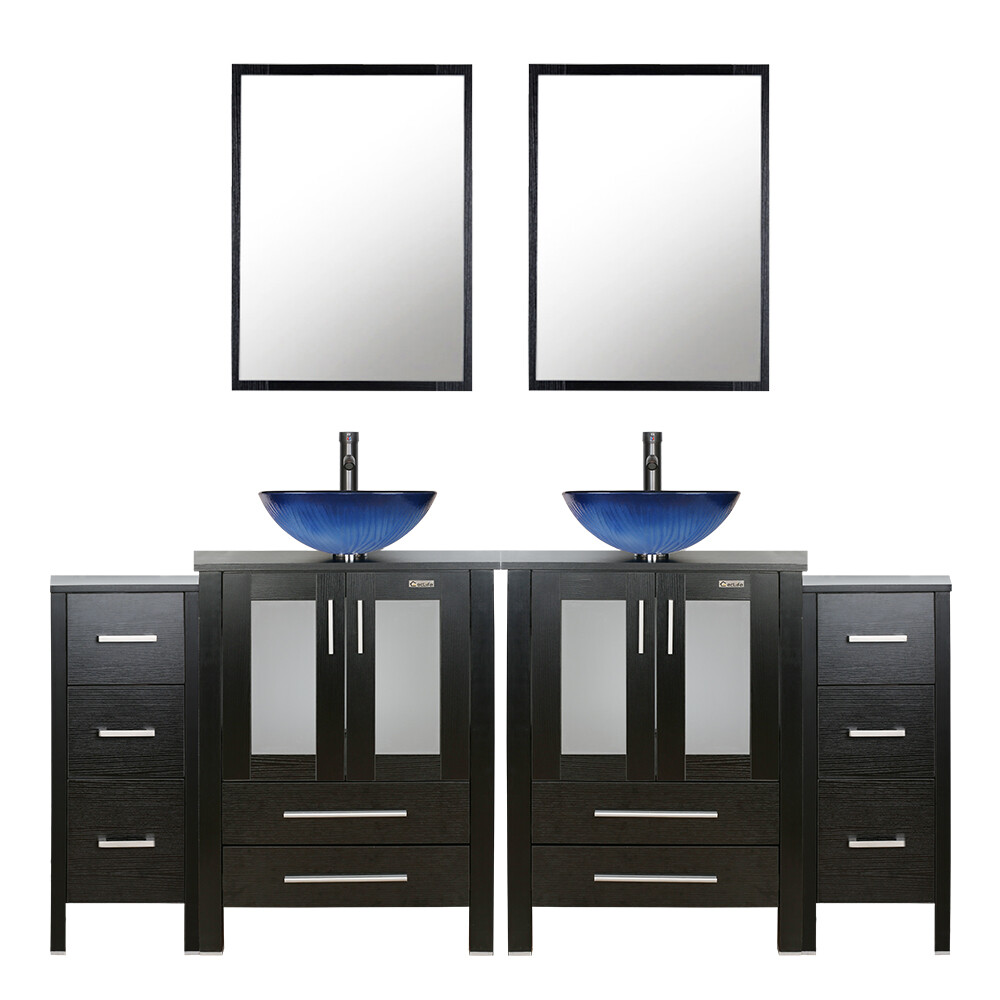 72″ Bathroom Vanity Set W/ Vessel Sink Set Cabinet Faucet Black Combo No Mirror
