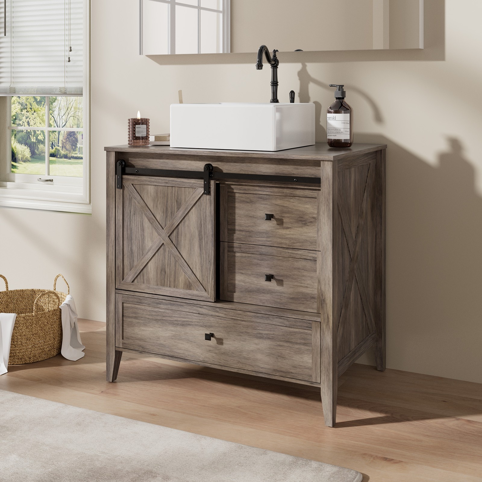 36 Inch Bathroom Vanity Cabinet With Ceramic Sink Sliding Barn Door Freestanding