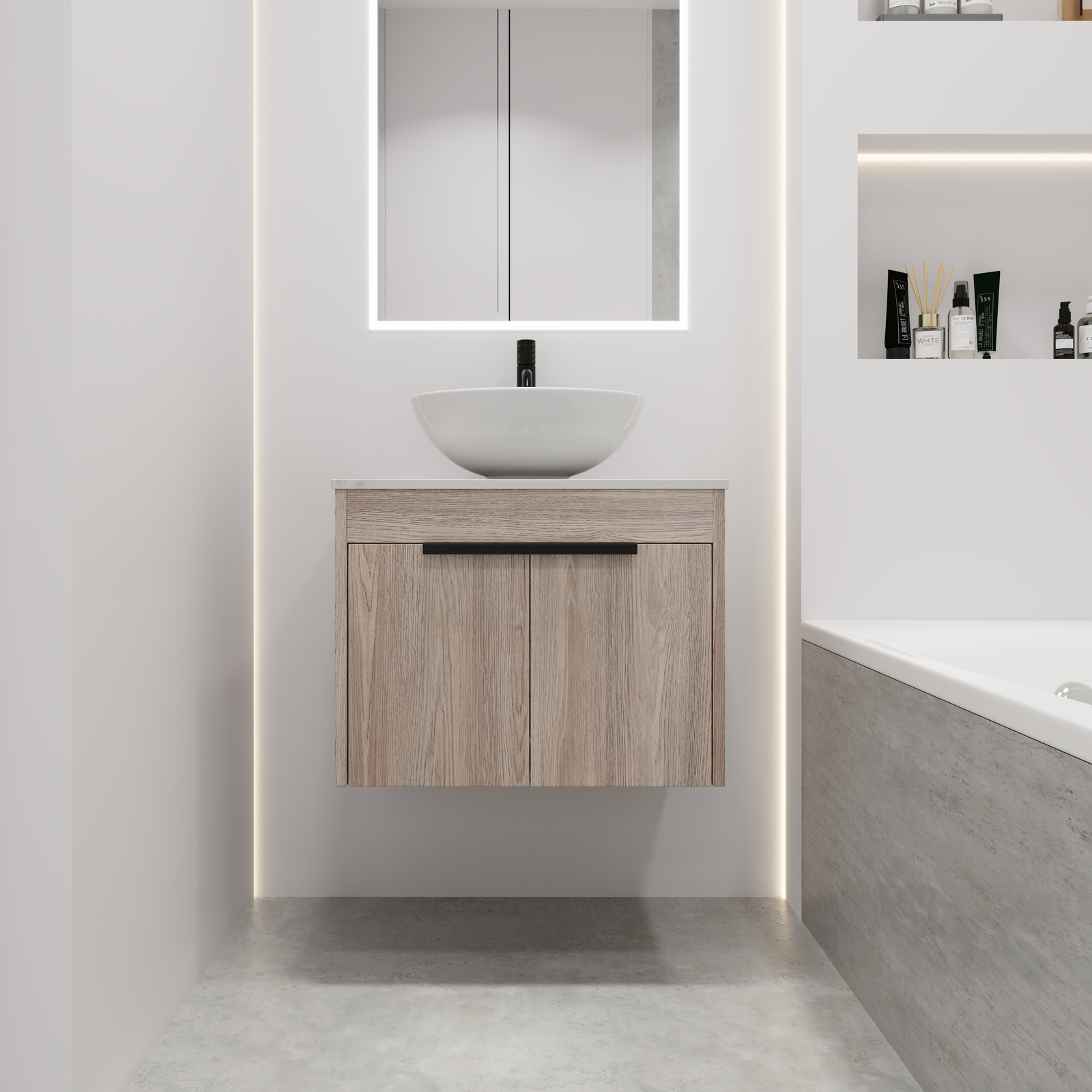 24″ Floating Wall Mount Bathroom Vanity Cabinet Ceramic Wash Sink Above Counter