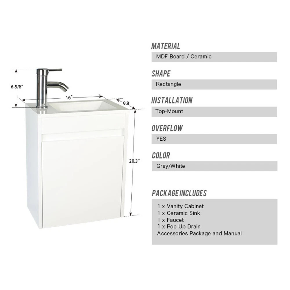 16″ Bathroom Vanity Wall Mount Cabinet Resin Sink Faucet Vessel Drain Combo Set