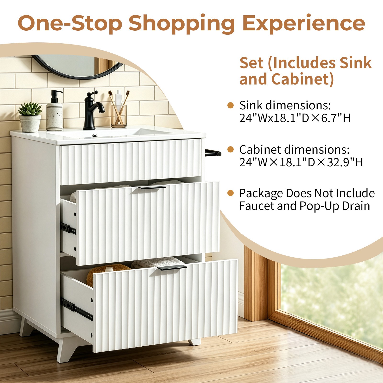 24″ Bathroom Vanity with Ceramic Sink Overflow Freestanding Cabinet Guest Baths