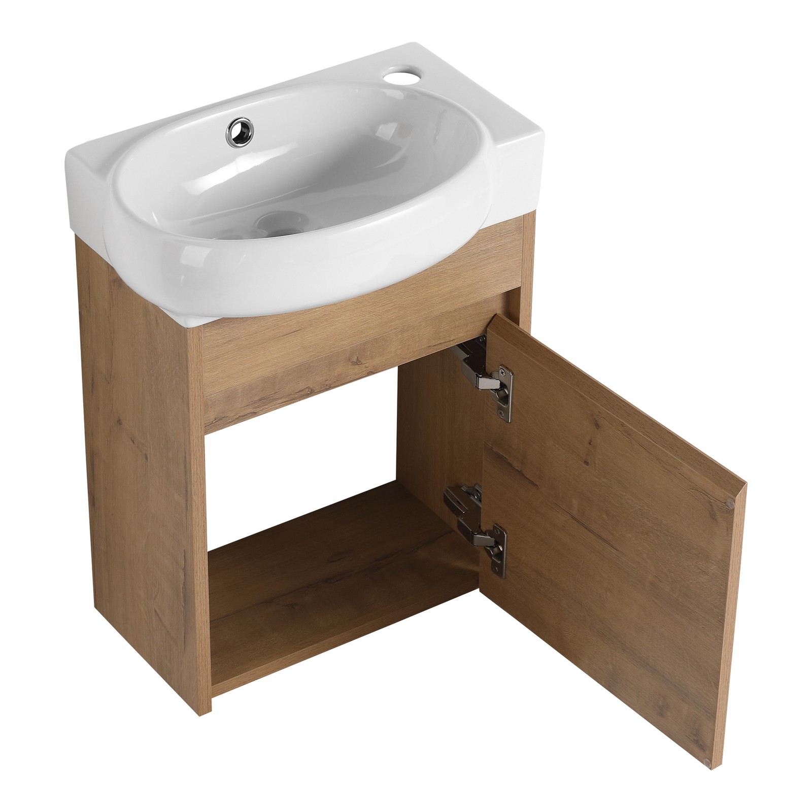 16Inch Wall Mounted Bathroom Vanity With Ceramic Sink Basin W/ Storage Rack Oak