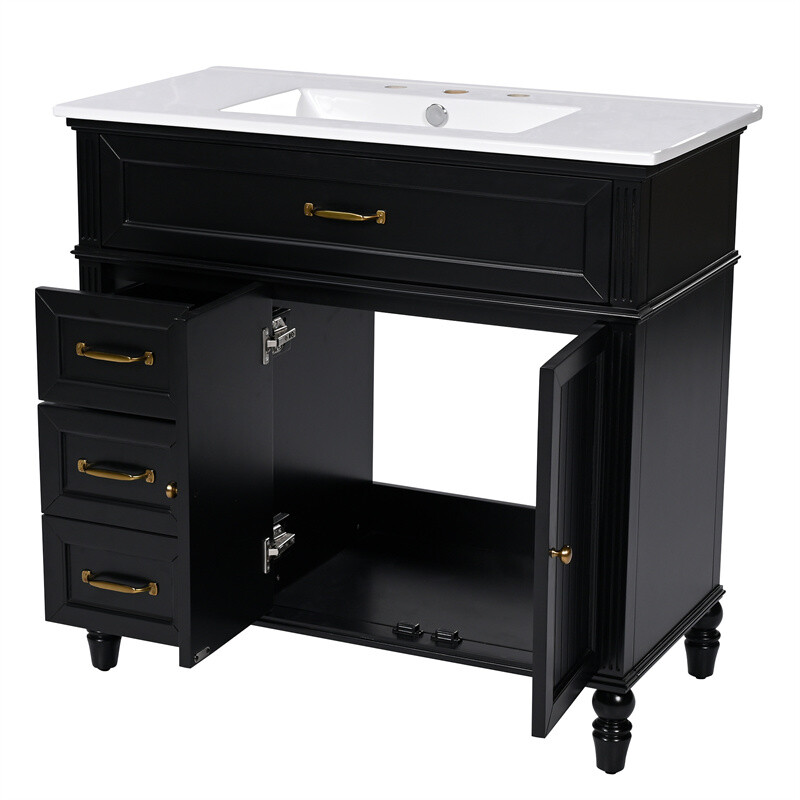 36″ Bathroom Vanity Set with Sink, Black Bathroom Cabinet w/3 Drawers & 2 Doors