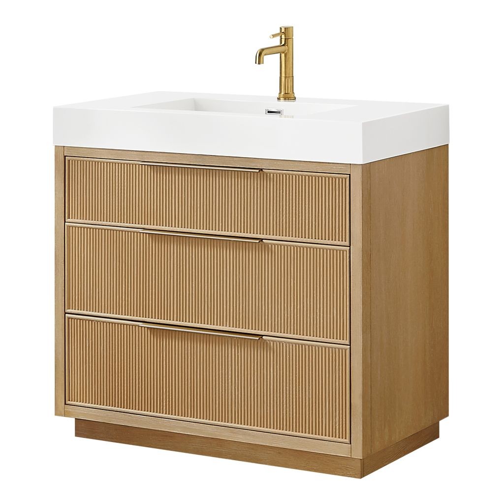 Hohhot 36″ Single Bath Vanity in Washed Ash Grey with White Stone Top
