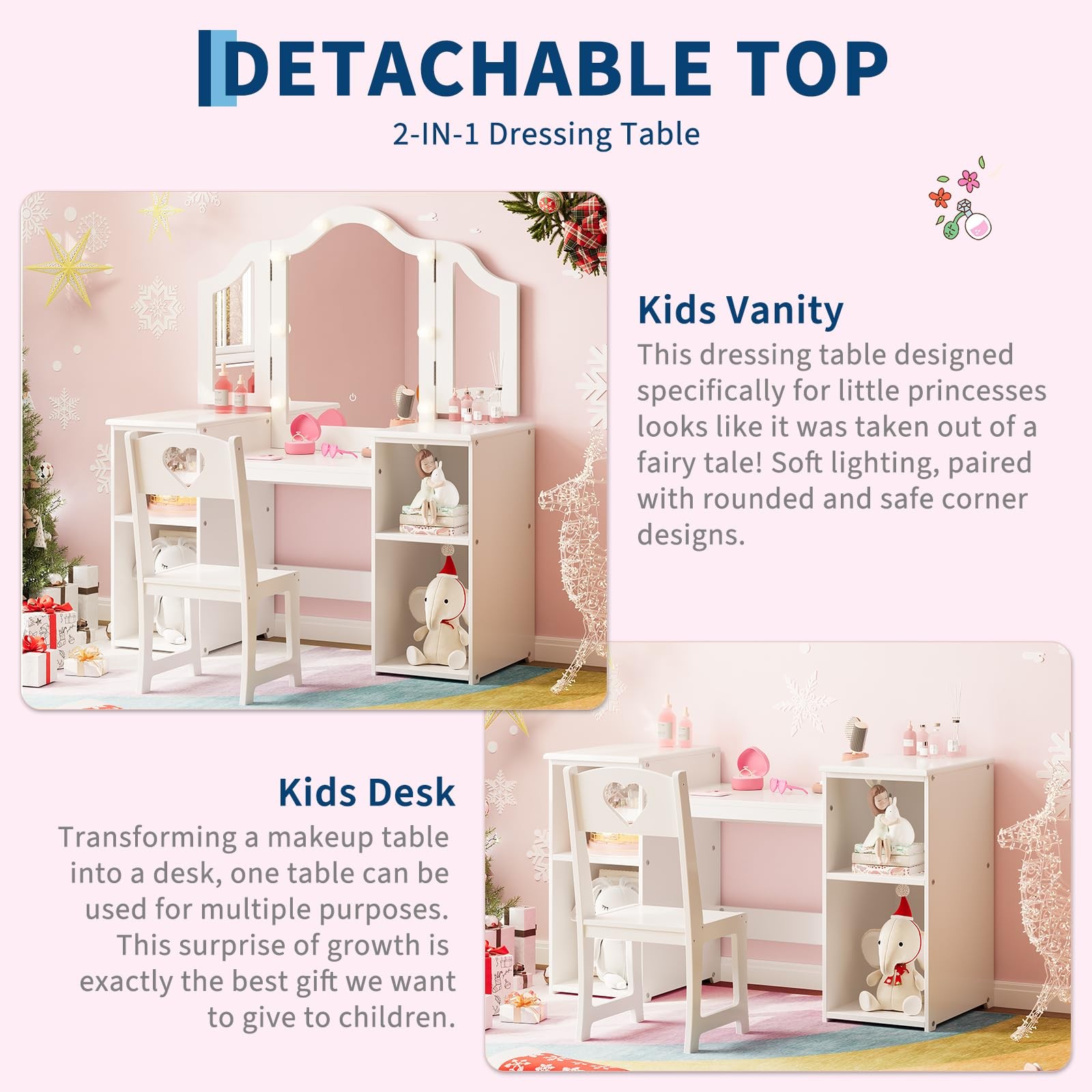 2-in-1 Kids Vanity Table with Tri-Fold Lighted Mirror Chair Storage