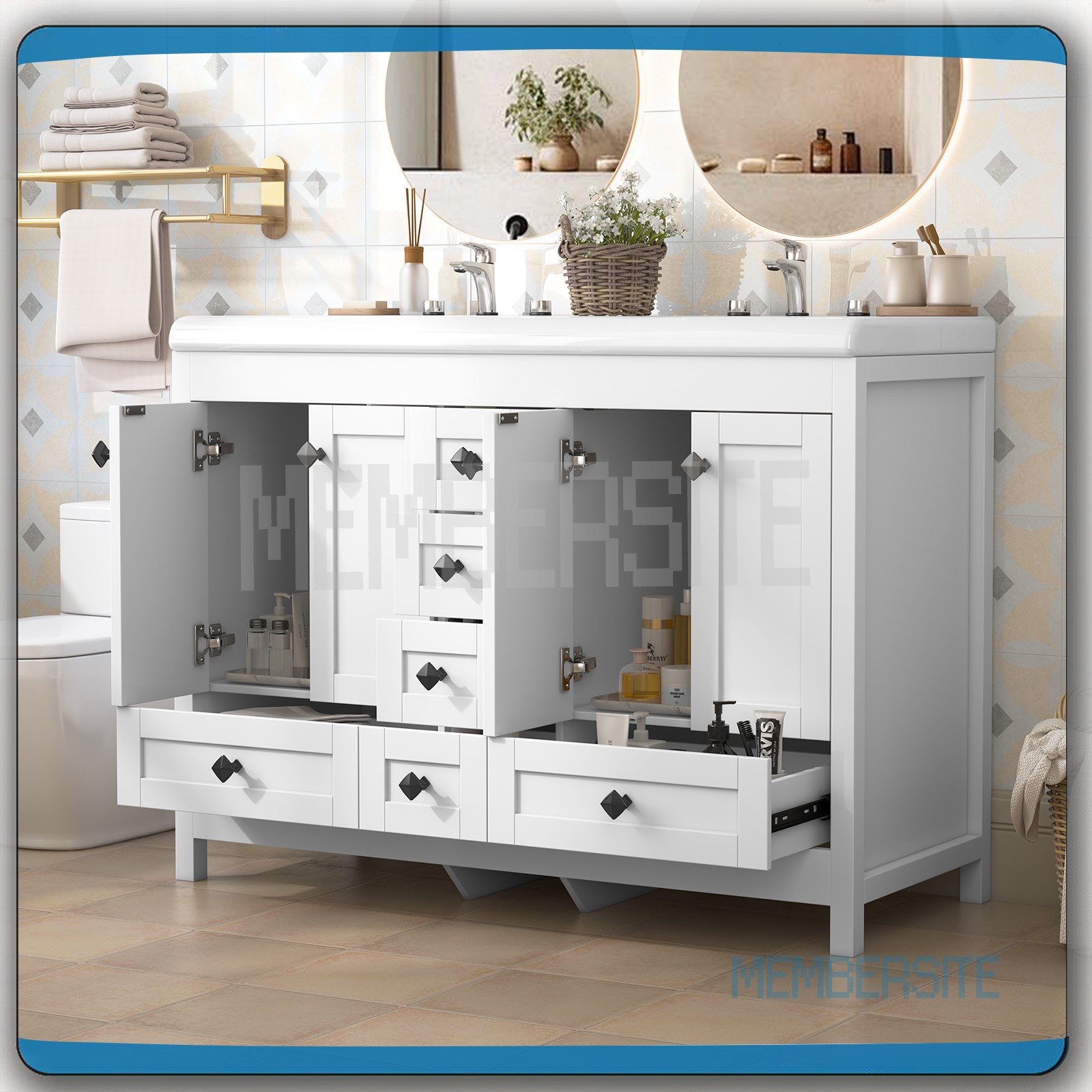 Bathroom Cabinet 47.3″ Vanity Top w/2 Sinks ,6 Drawers Bathroom Vanity Cabinet