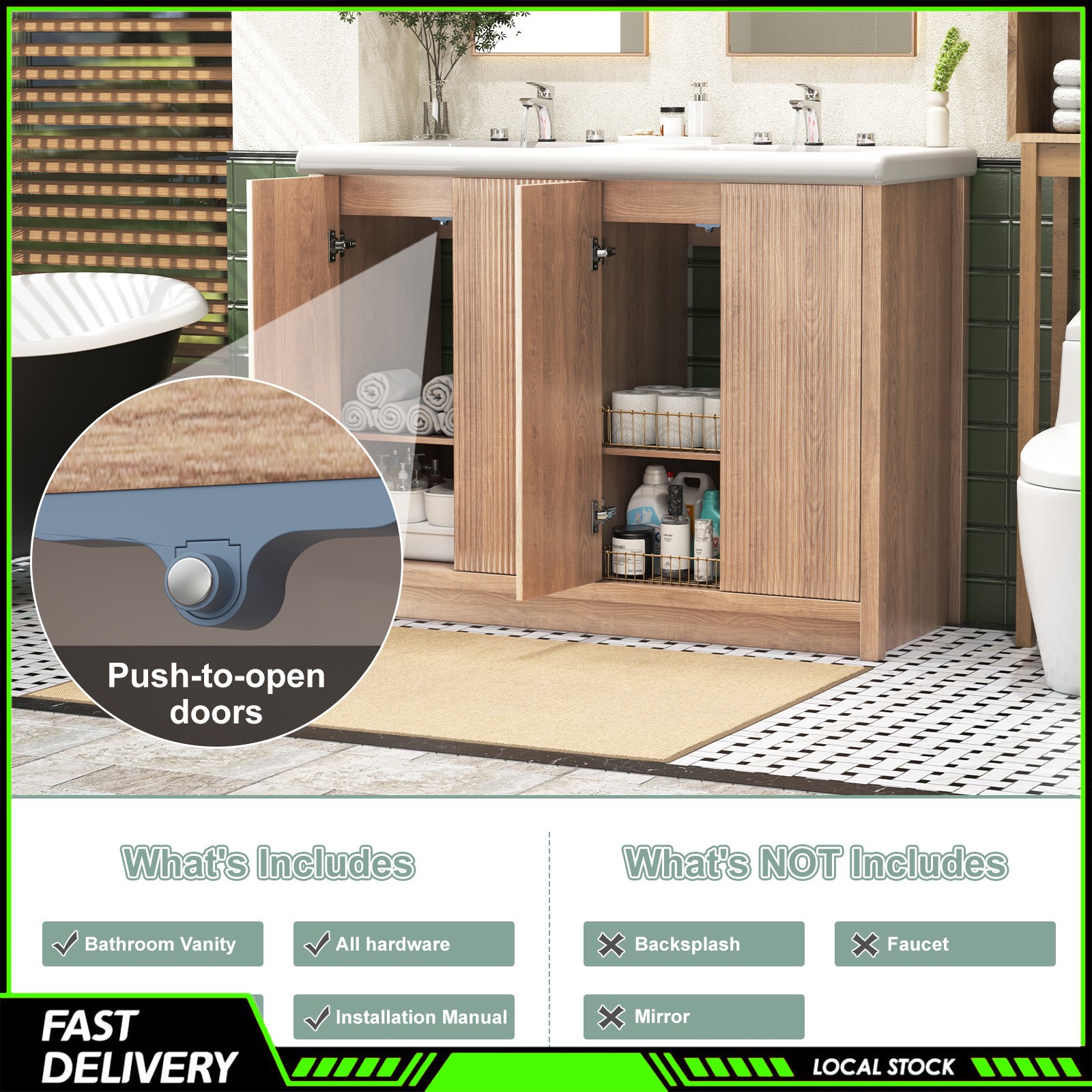 47″ Bathroom Vanity Double Ceramic Sink Freestanding Cabinet Storage With Door