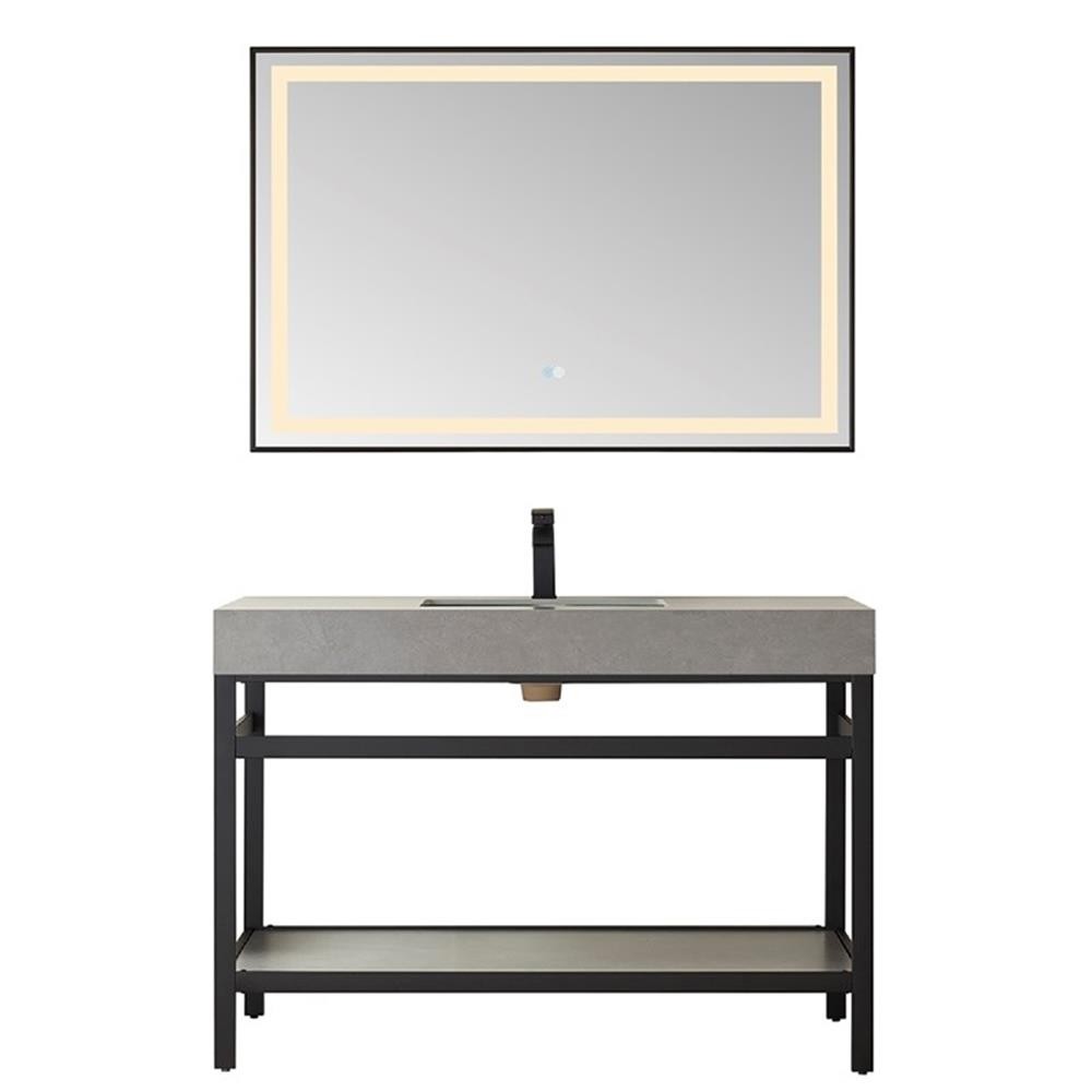 Funes 48″ Single Sink Bathroom Vanity in Matte Black Frame Gray Top w/ Mirror