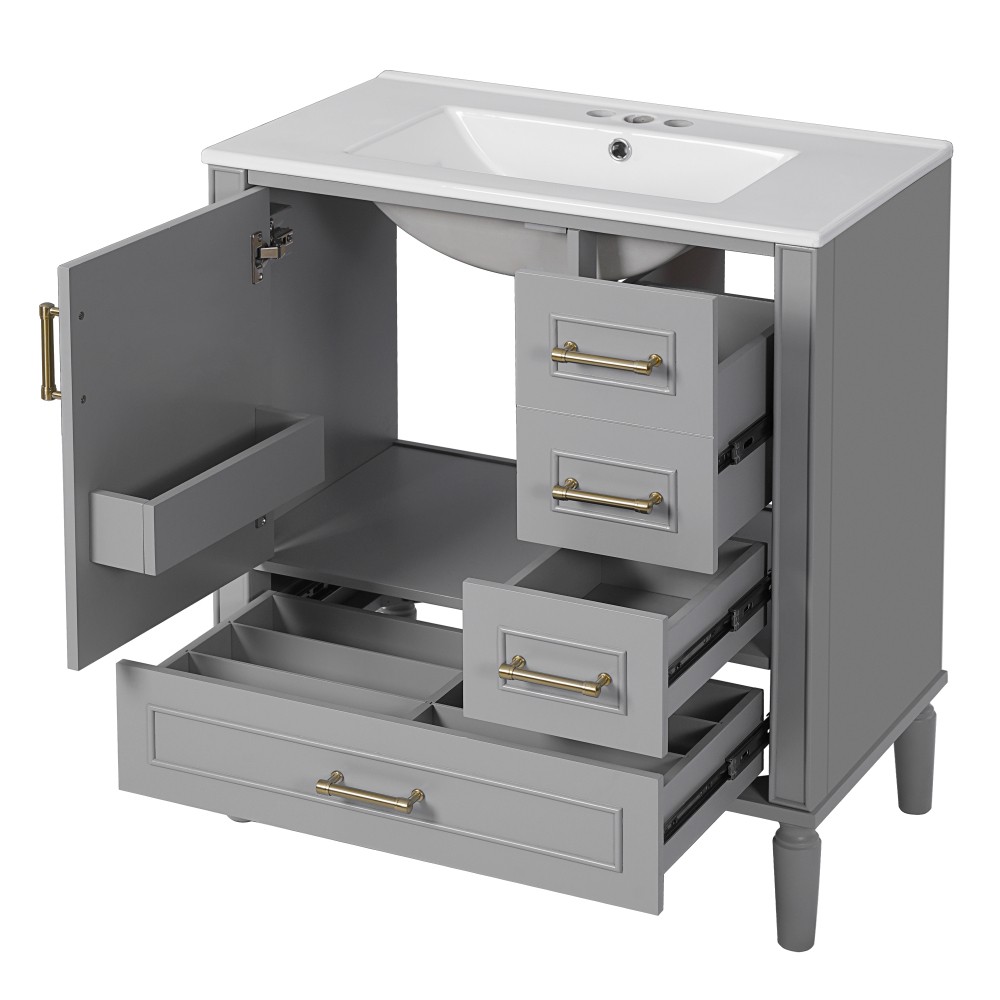 30″ Wood Bathroom Vanity Ceramic Sink Soft Close Door 3 Drawers Storage Cabinet