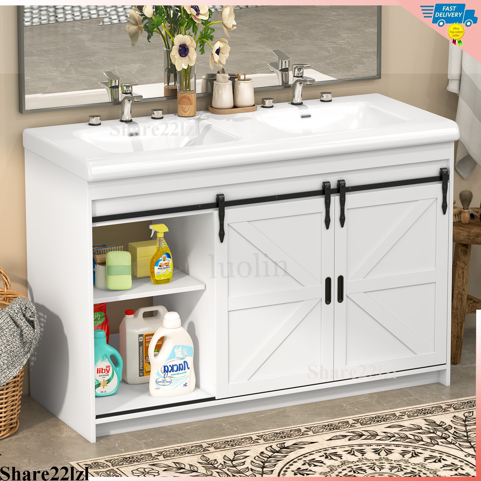 47inch Bathroom Vanity with Ceramic Sink,Bathroom Cabinet w/2 Soft Close Doors