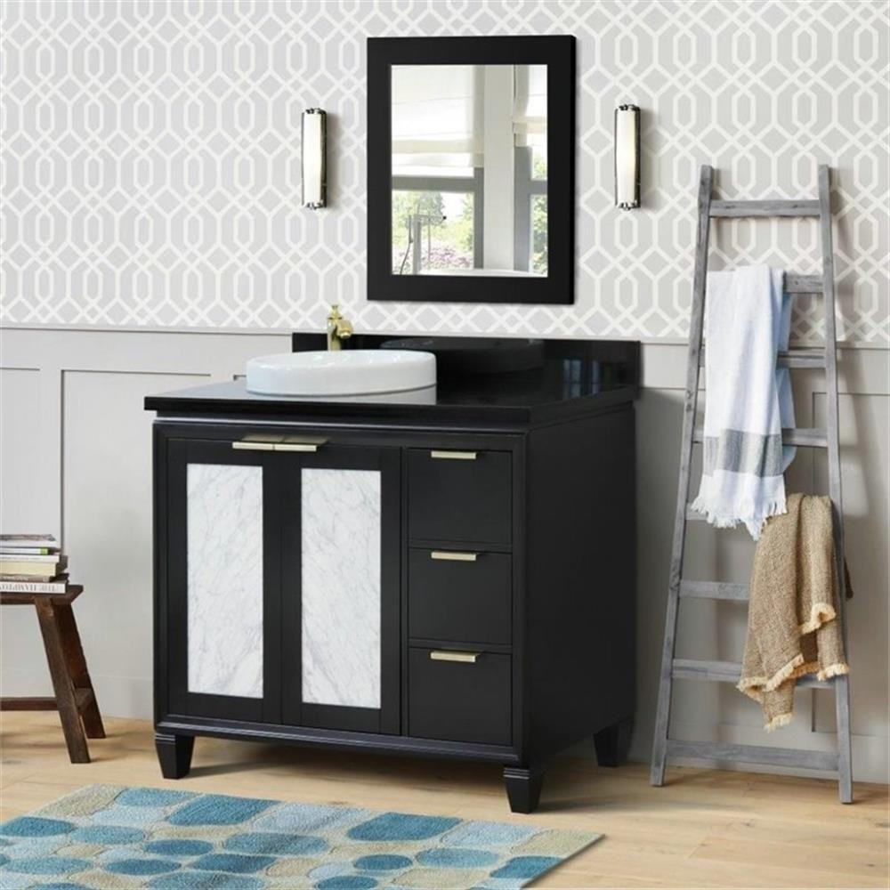 Pemberly Row 43″ Solid Wood Vanity with Left Round Sink in Blue/Black Galaxy