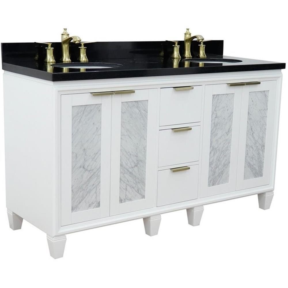 Trento 61″ Double Oval Sink Solid Wood Vanity in White/Black Galaxy
