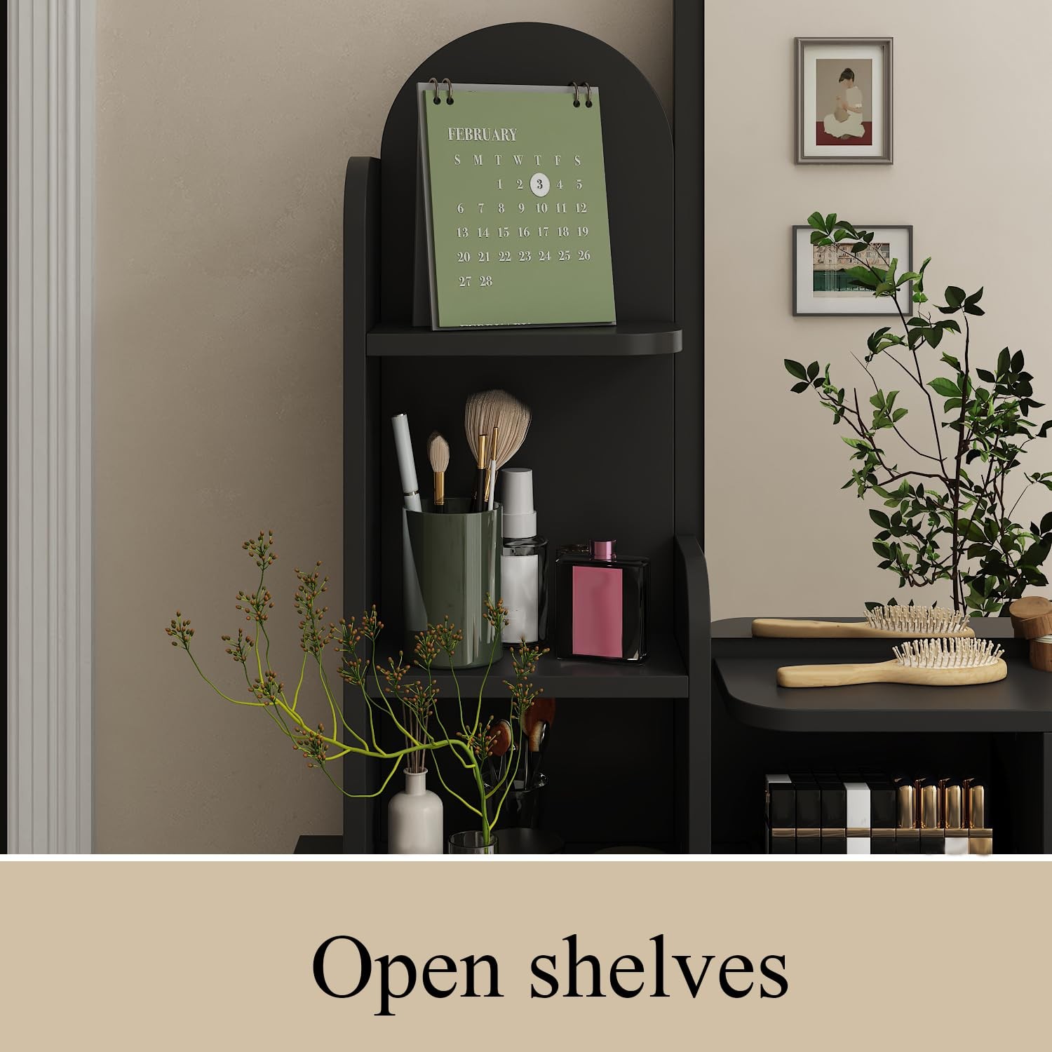 Black Vanity Set with Mirror 5 Drawers Shelves Cushioned Stool