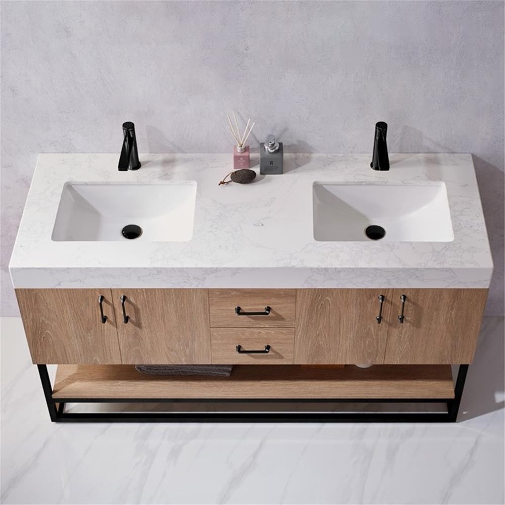 Pemberly Row 60″ White Stone Top Oak Double Vanity Black Frame w/o Mirror