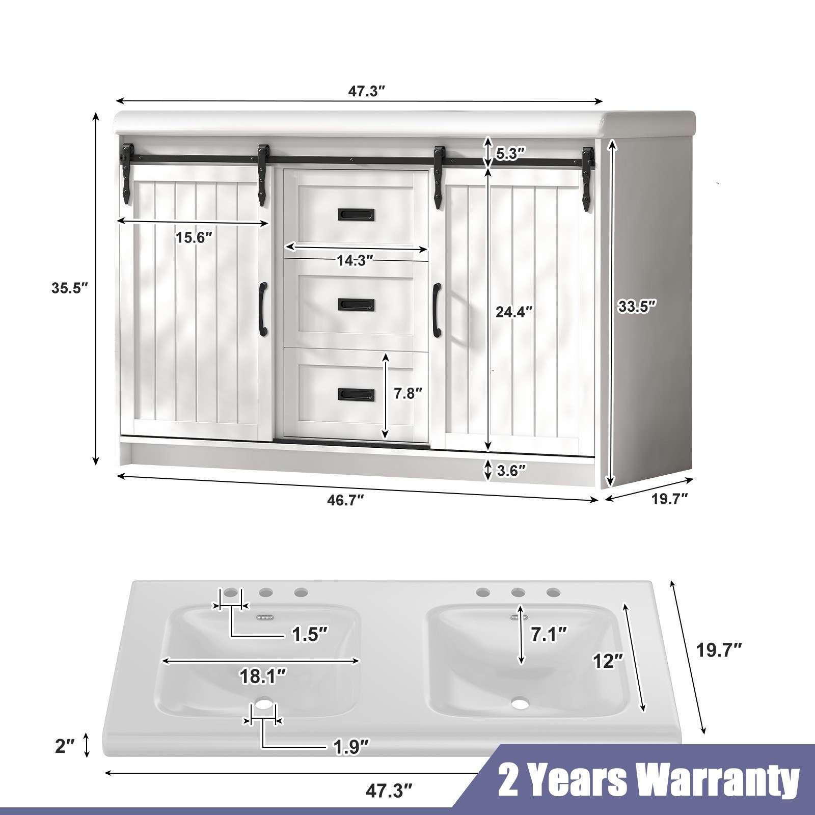 47″ Bathroom Vanity Cabinet with Double Sink Freestanding Storage Cabinet