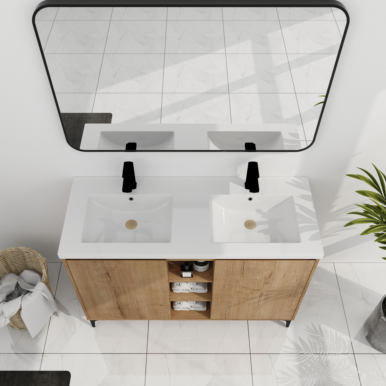 48inch Plywood Free Standing Bathroom Vanity With Double Sink W/ Shelf and Doors