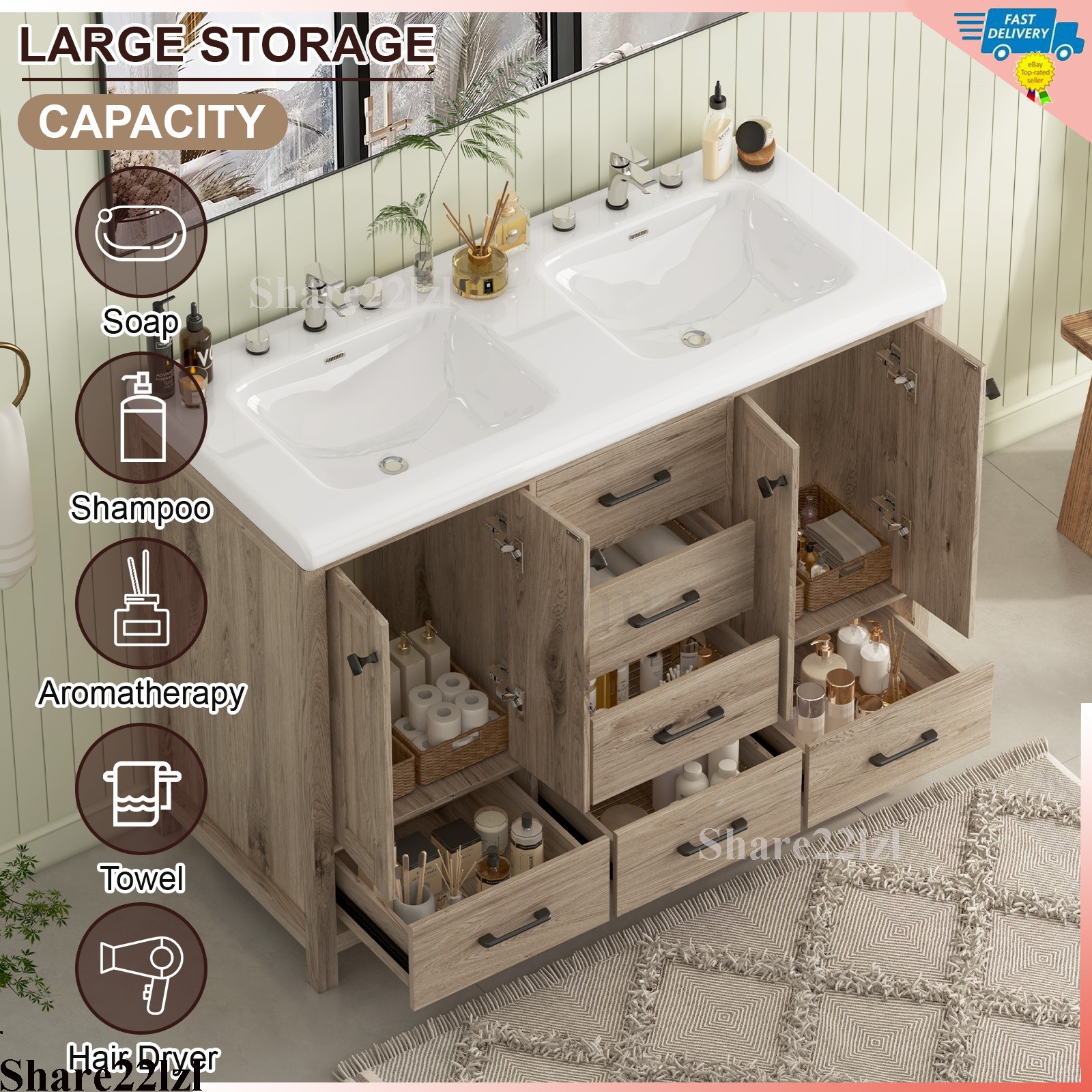 Wooden Bathroom Vanity with Sink Modern Storage Cabinet with Ceramic Countertop