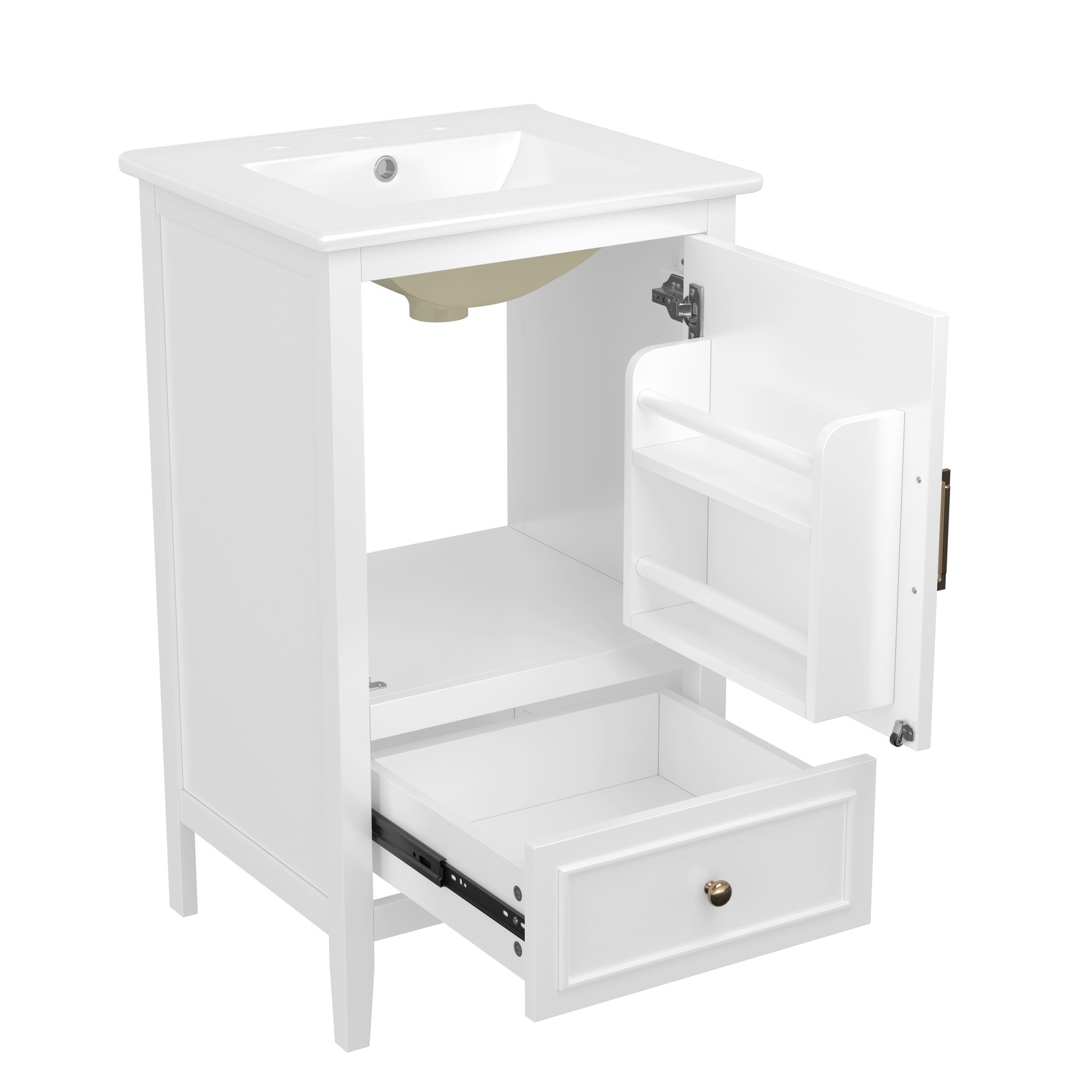 20″ Bathroom Vanity with Ceramic Sink, Cabinet & Drawer, White