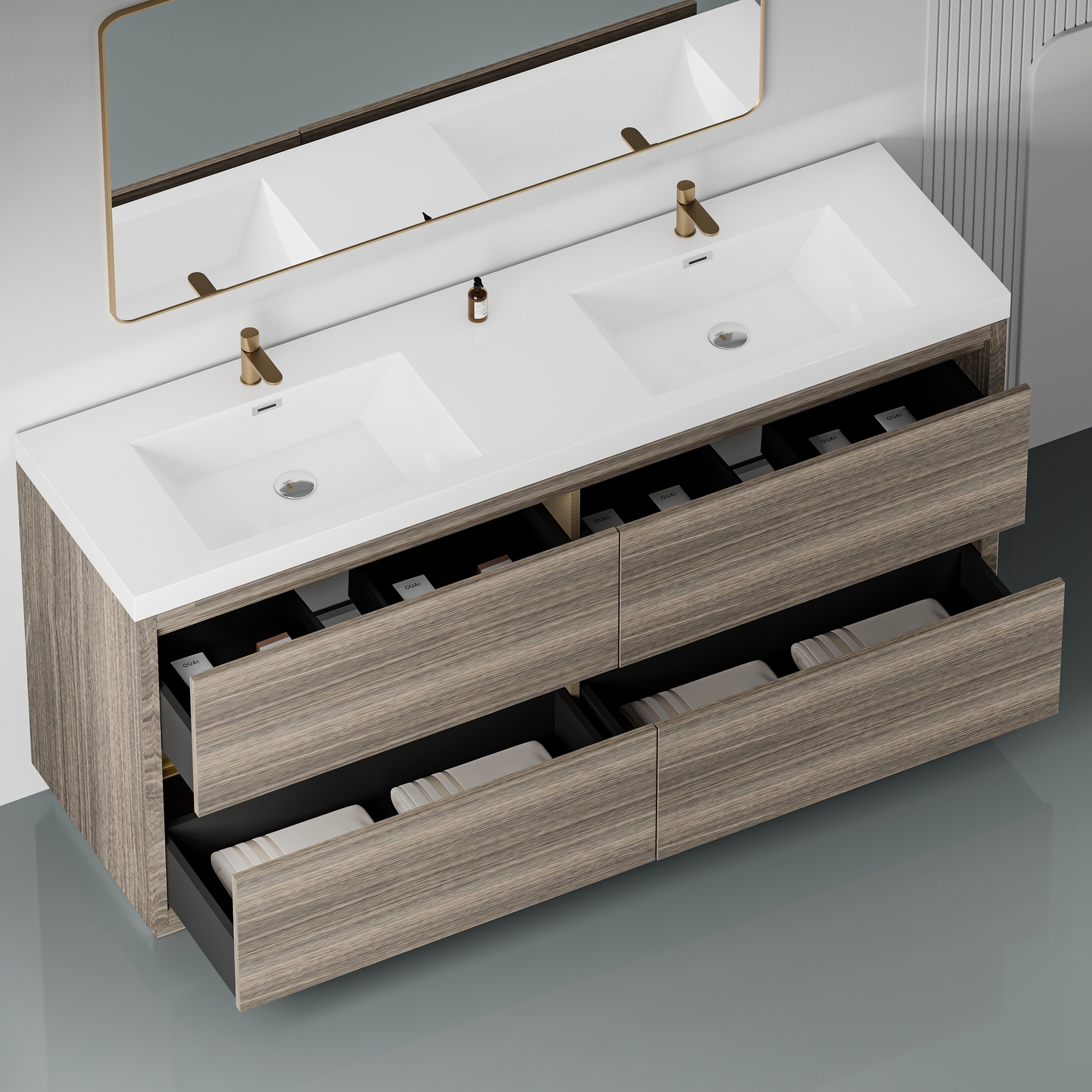72″ Floating Wall-Mounted Bathroom Vanity W/ 4 Drawers Double Stone Resin Sinks