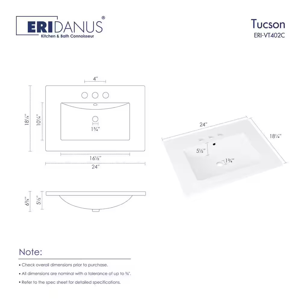 Tucson 24 In. W X 18 In. D Vitreous China Vanity Top in White with 3 Faucet Hole