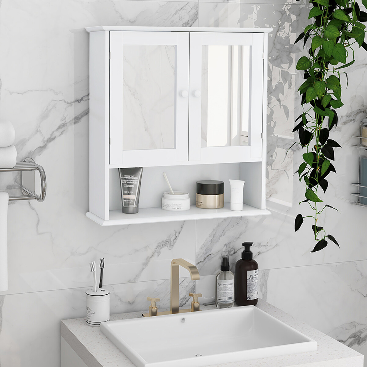 Bathroom Wall Vanity Cabinet with Doule Mirror Doors Shelvs Storage Organizer