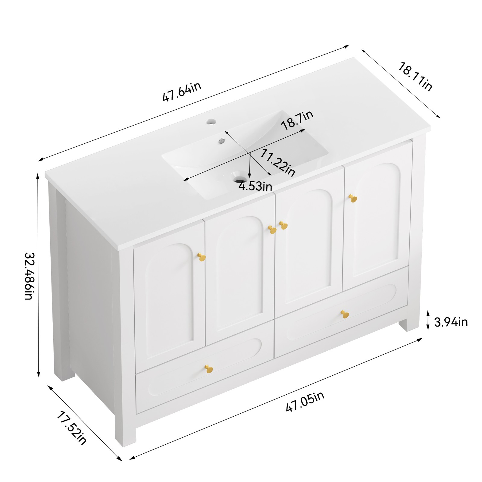 48 Inch White Bathroom Vanity with Resin Sink, 4 Doors 2 Drawers