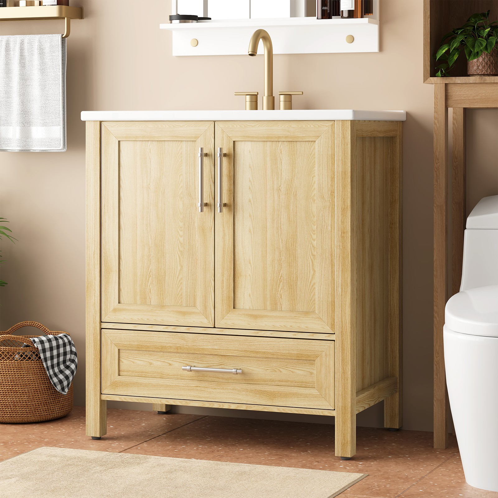 Small Space 30″ Vanity, Wood Freestanding, Soft-Close Door, Metal Handle, Sink