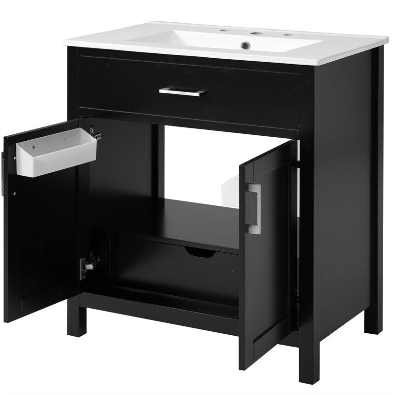 30″ Bathroom Vanity with Ceramic Sink and Storage Cabinet Built-in Drawe & Doors