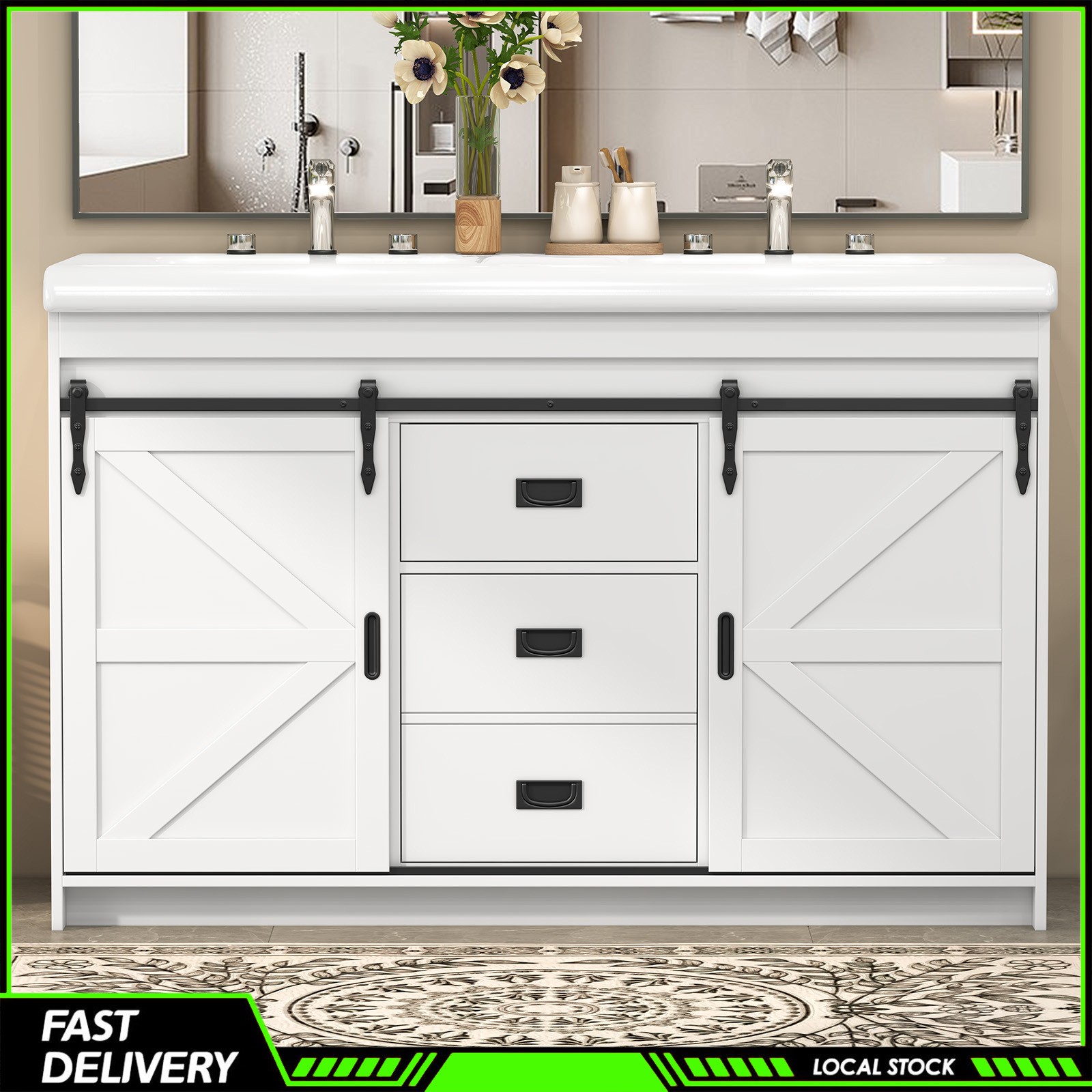 47” Bathroom Vanity &Double Sink Ceramic Basin Modern Storage Cabinet 3 Drawers