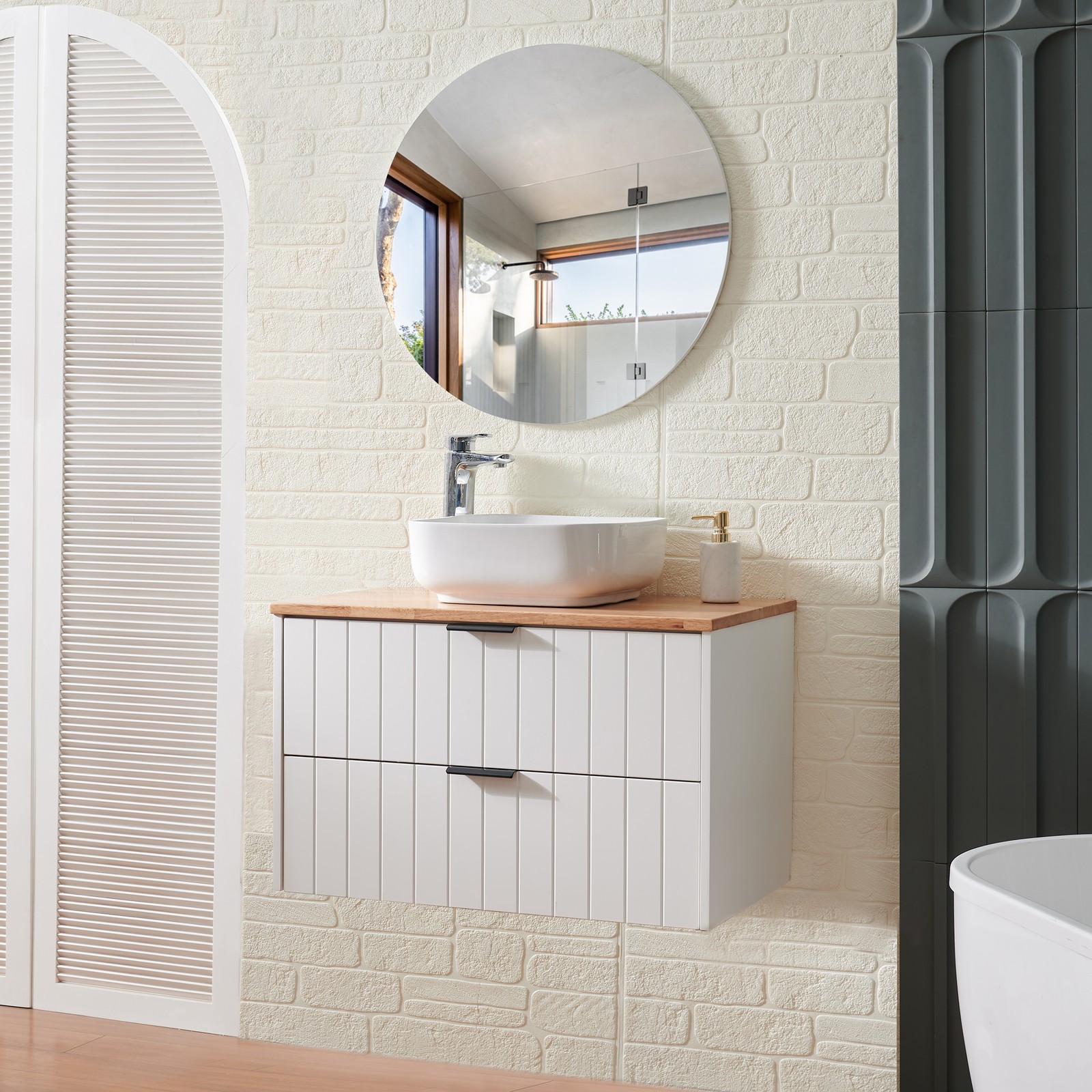 32 Inch Double Drawer Wall Mount Bathroom Vanity White Cabinet Solid Wood Top