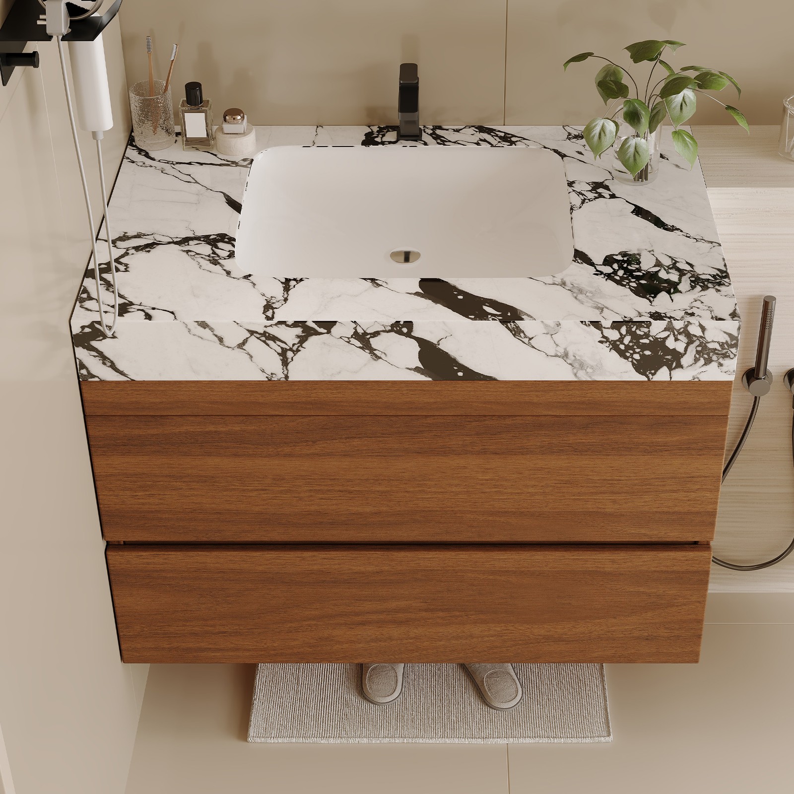 29.9″ Modern Floating Bathroom Vanity Storage Cabinet w/Faux Marble Top & Sink